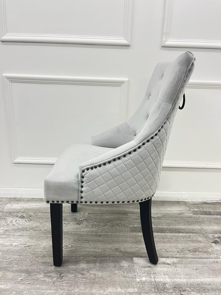 Chelsea Light Grey Velvet Dining Chair With Black Leg And Ring Knocker