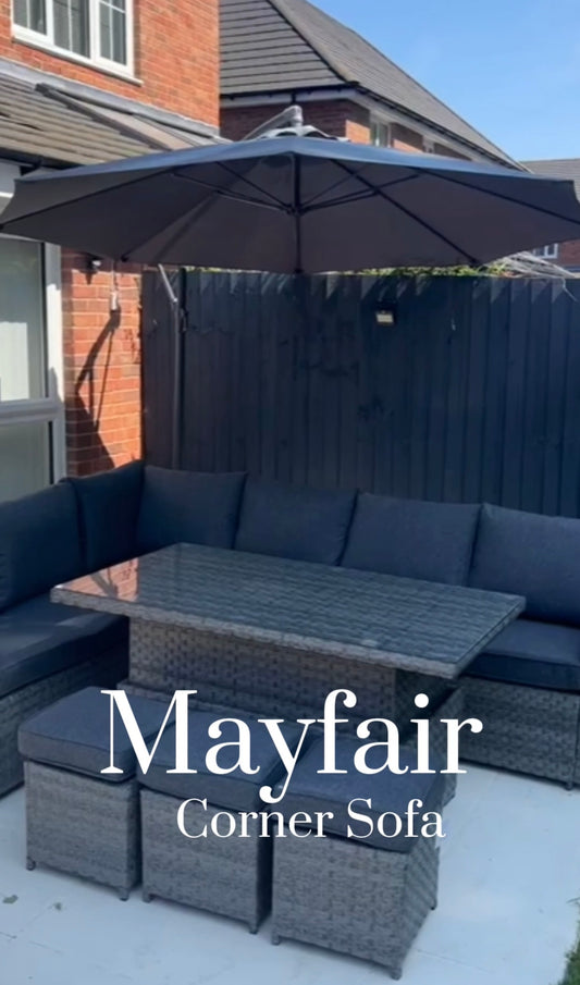 Mayfair Rattan Garden Set With Corner Sofa, Rising Coffee To Dining Table & 3 Stools