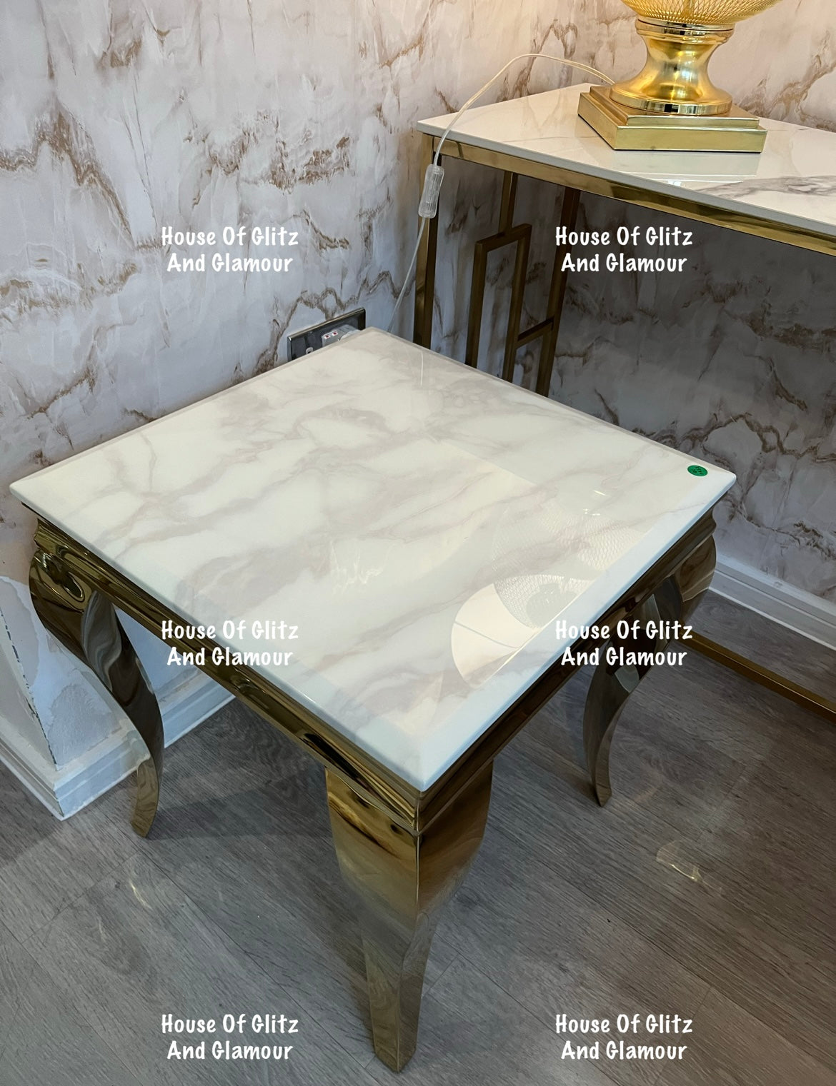 Louis Gold Lamp Table With White Marble Top 50cm x 50cm