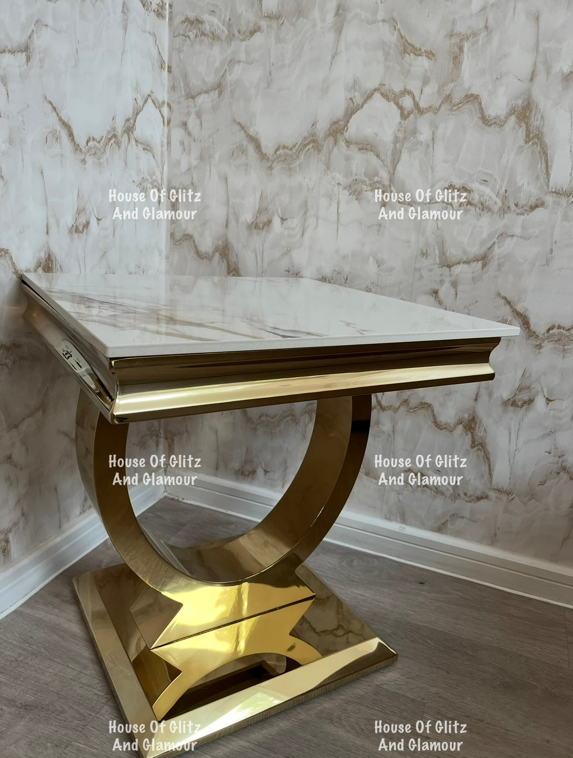 Arianna Kata Gold Marble Patterned Sintered Stone Top & Gold Circular Base Lamp / Side Table 50cm x 50cm