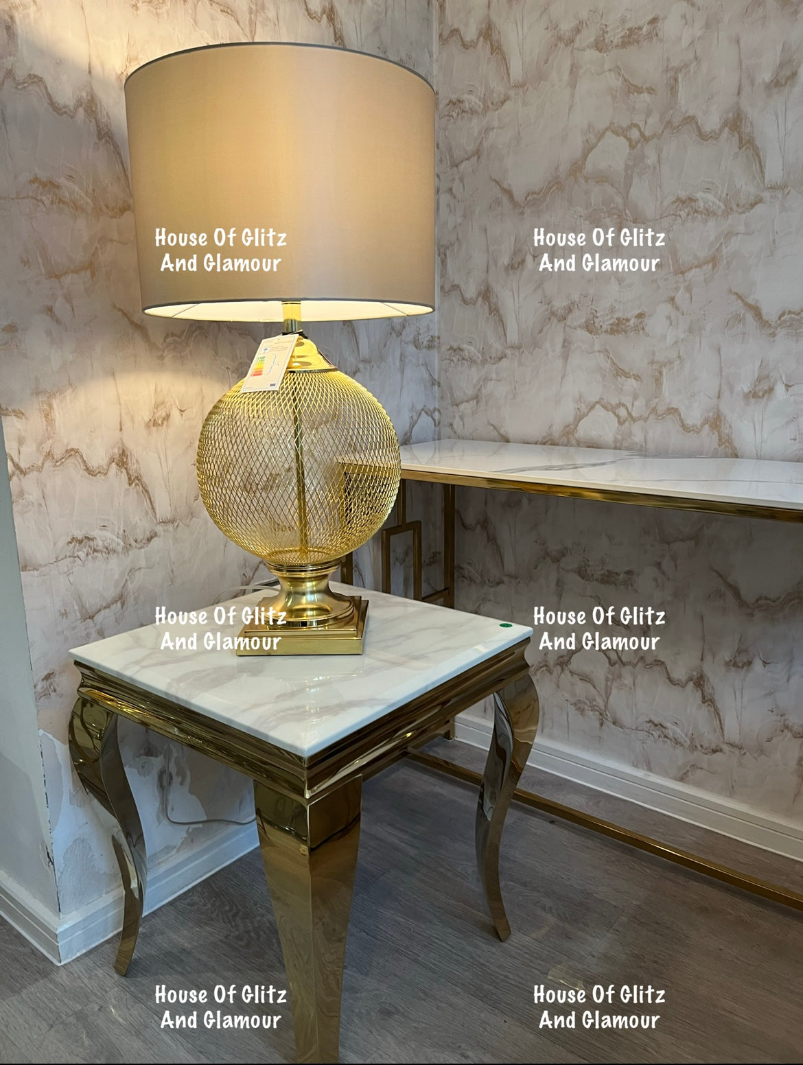Louis Gold Lamp Table With White Marble Top 50cm x 50cm