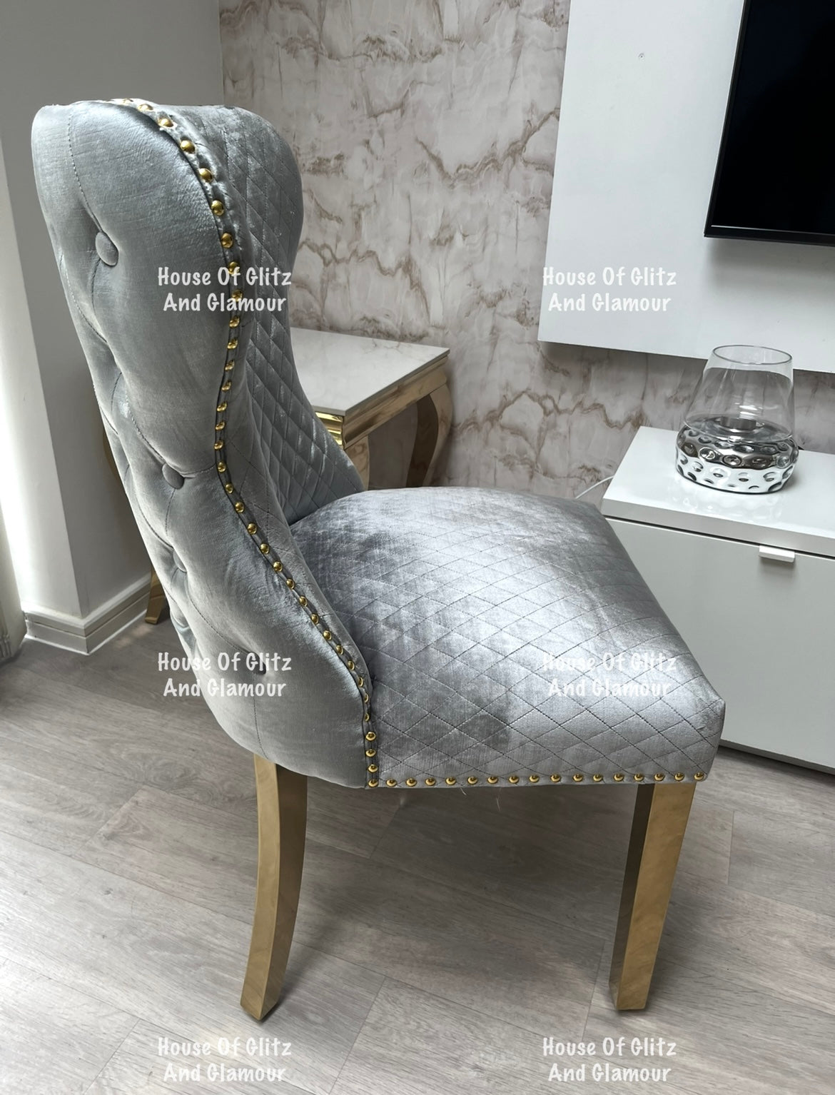 Valentina Grey Crushed Velvet & Gold Lion Knocker Winged Back Quilted Dining Chair