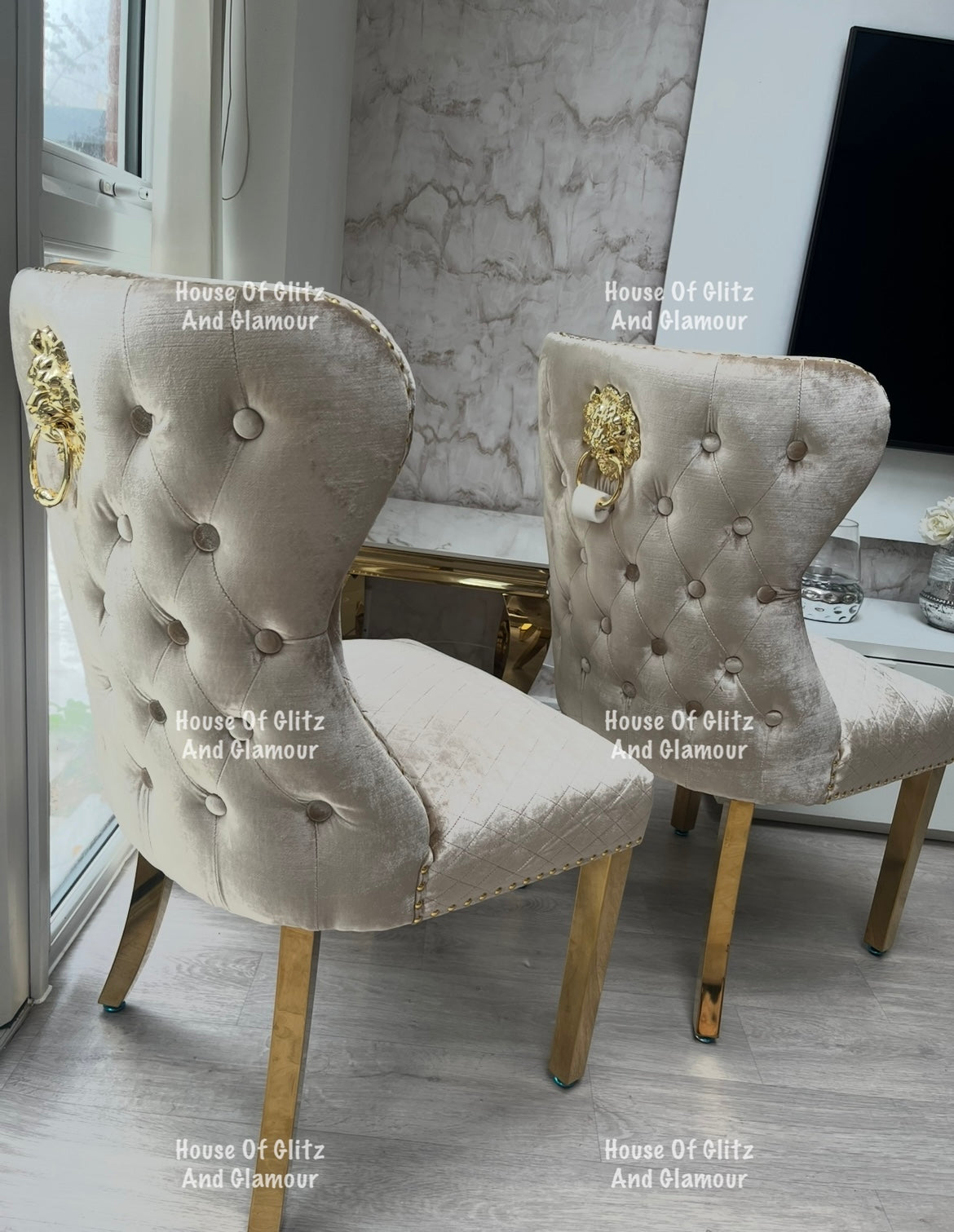 Valentina Mink Champagne Crushed Velvet & Gold Lion Knocker Winged Back Quilted Dining Chair