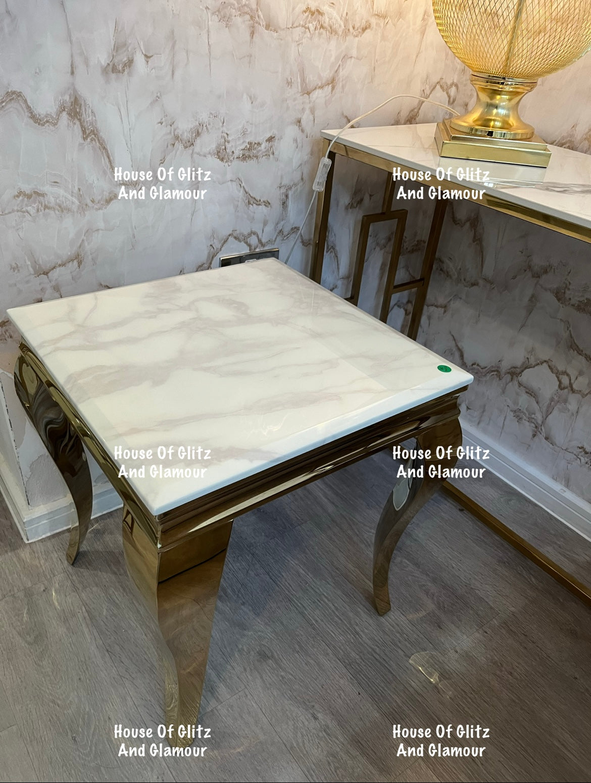 Louis Gold Lamp Table With White Marble Top 50cm x 50cm