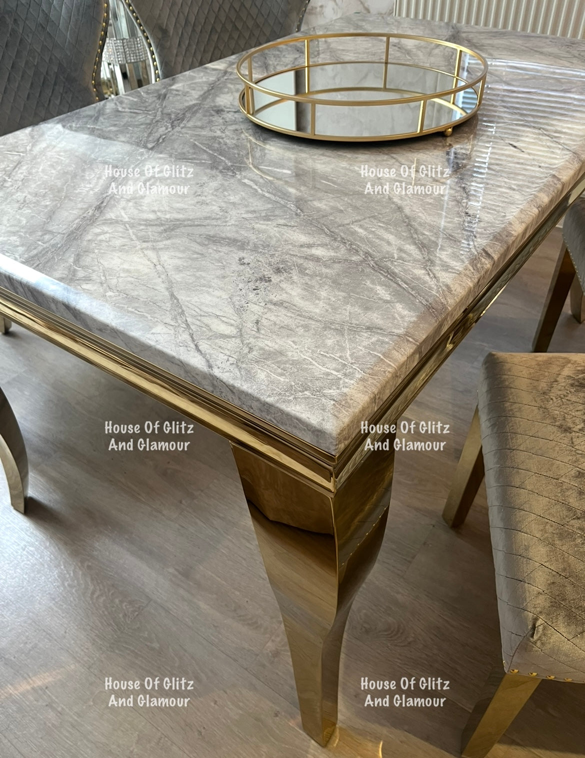 Louis 1.5 Gold Dining Table Set With Grey Marble & Grey & Gold Valentina Velvet Studded Back Dining Chairs x 4