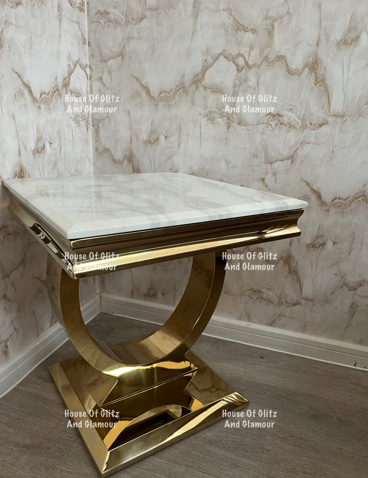 Arianna White Marble & Gold Circular Lamp / Side Table 50cm x 50cm