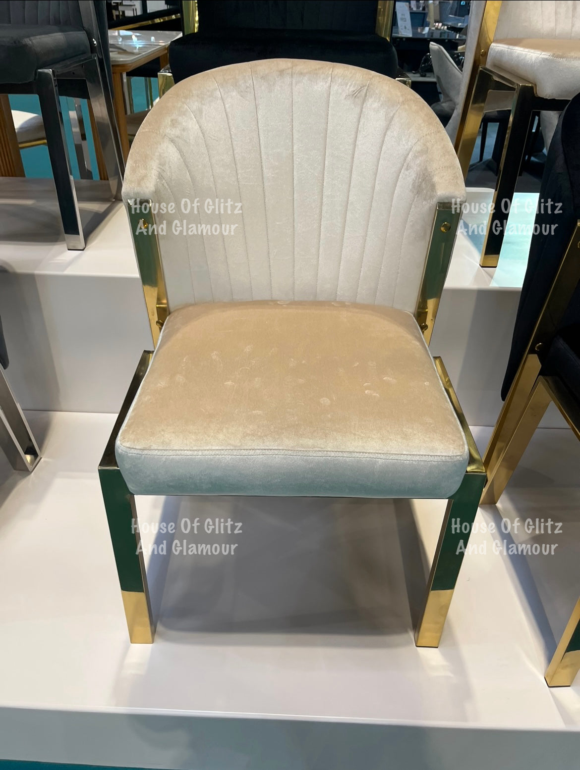 Louis Cream Marble Dining Table With Gold Legs & 4 Cream Fabi Dining Chair