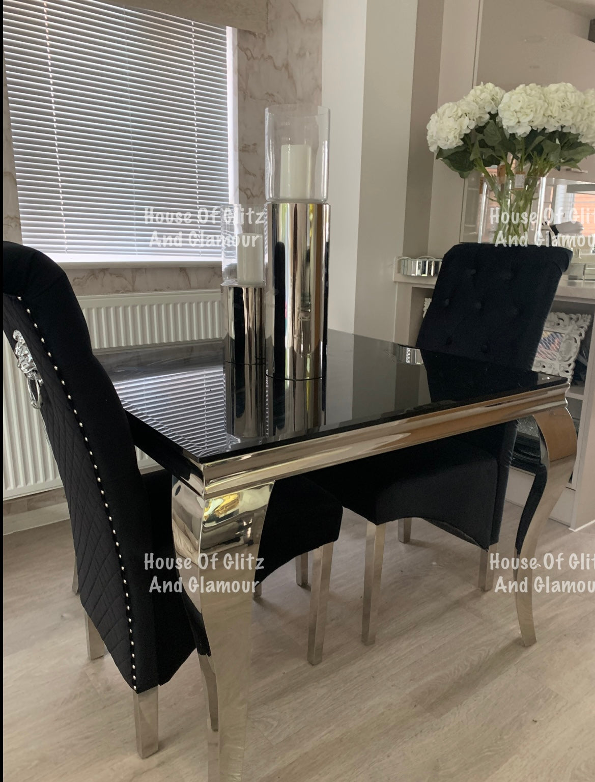 Louis Black Square 1m x 1m Glass & Chrome Dining Table + 4 Lou Lou Black & Chrome Lion Knocker Chairs
