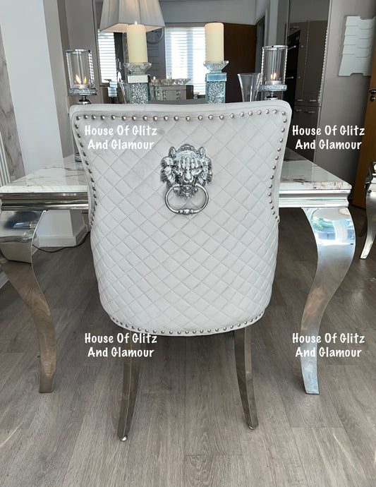 Chelsea Light Grey With Chrome Legs Quilted French Velvet Lion Head Knocker Back Dining Chair