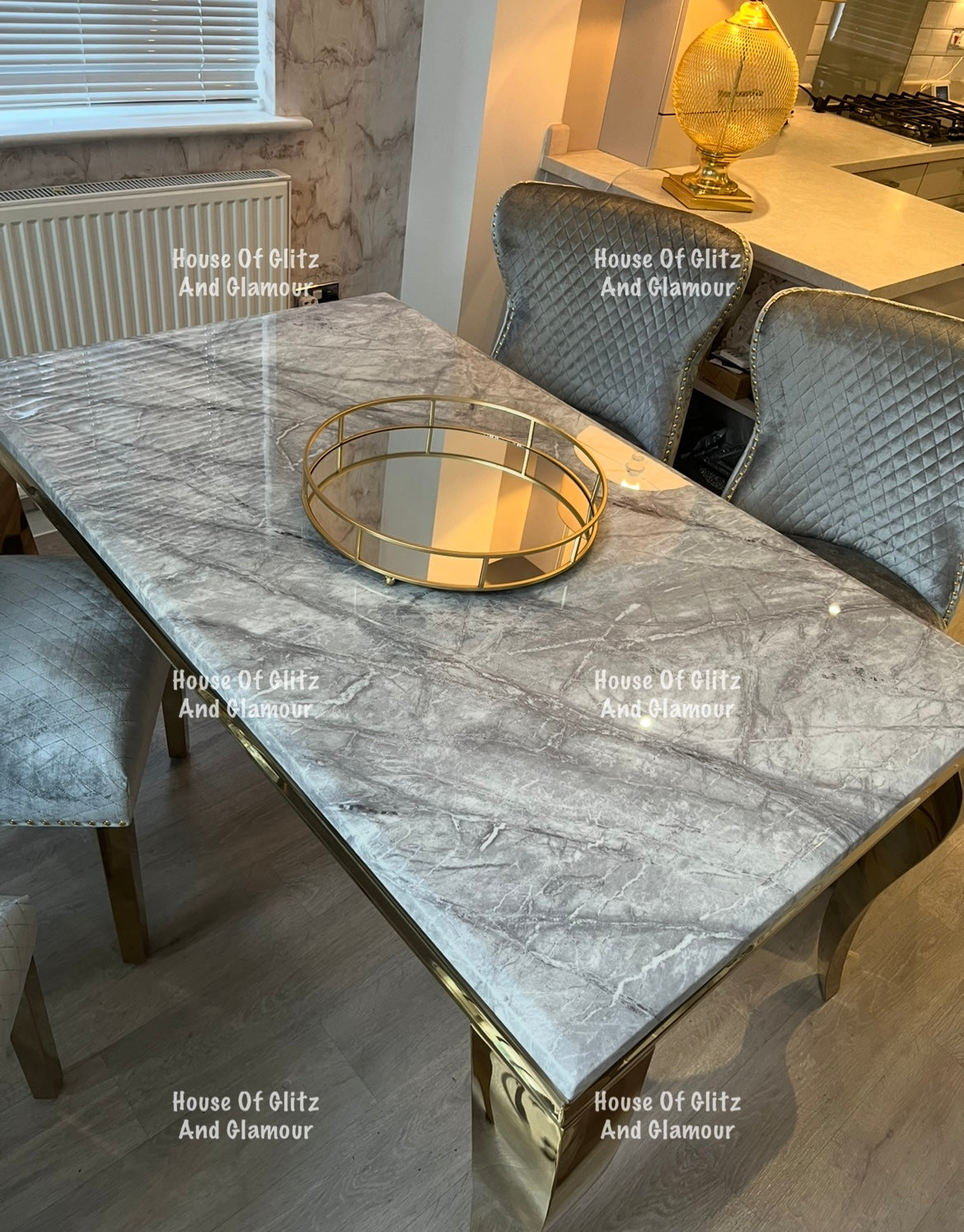 Louis 1.5 Gold Dining Table Set With Grey Marble & Grey & Gold Valentina Velvet Studded Back Dining Chairs x 4