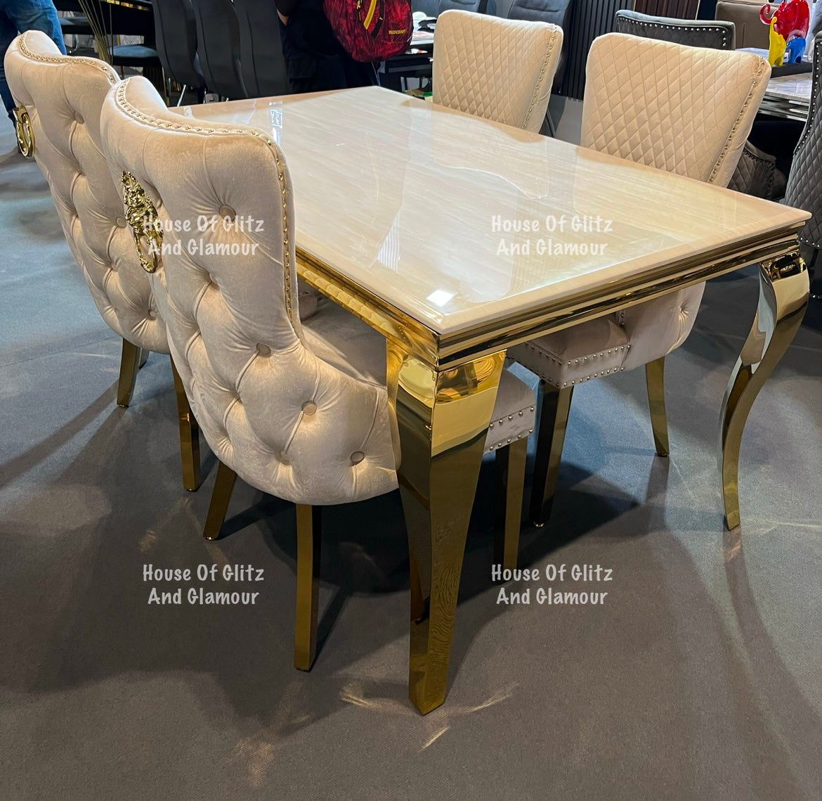 Louis Cream Marble Dining Table With Gold Legs