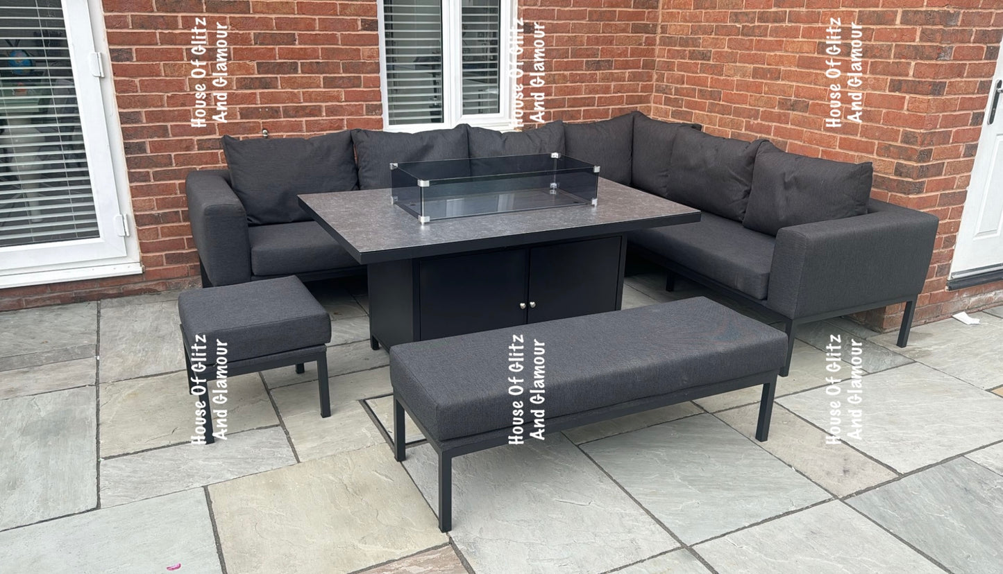 Vancouver Aluminium Firepit Garden Corner Sofa Dining Table Set