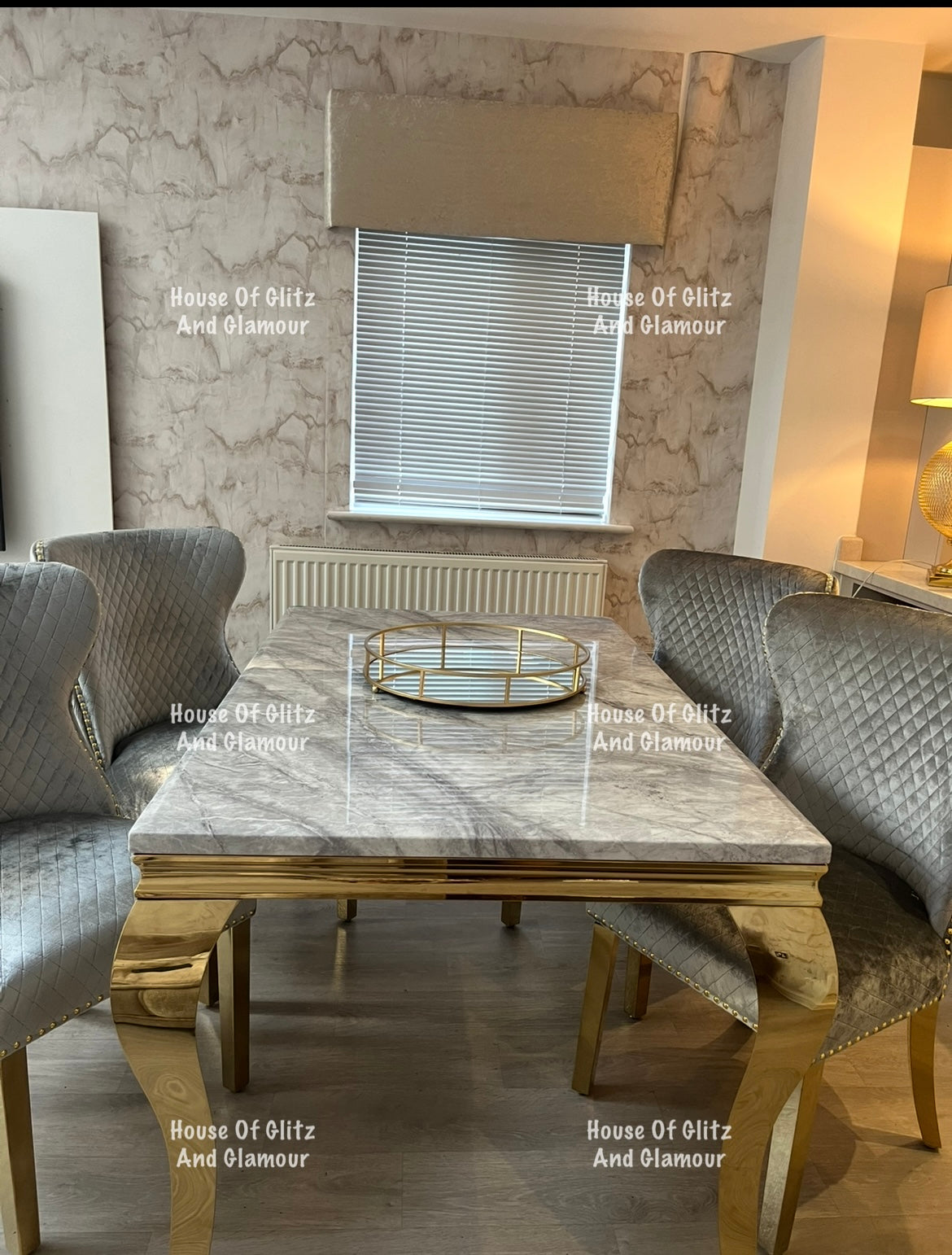 Louis 1.5 Gold Dining Table Set With Grey Marble & Grey & Gold Valentina Velvet Studded Back Dining Chairs x 4