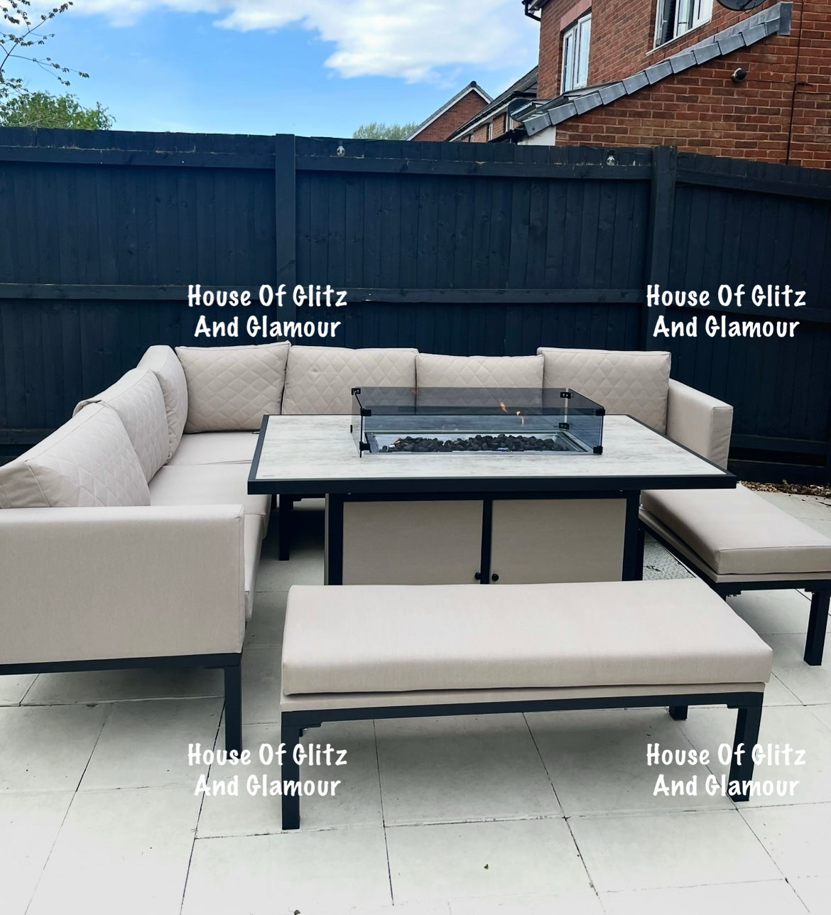 Vancouver Cream 10 Seater Aluminium L Shape Corner Sofa Dining Set with Fire Pit Table