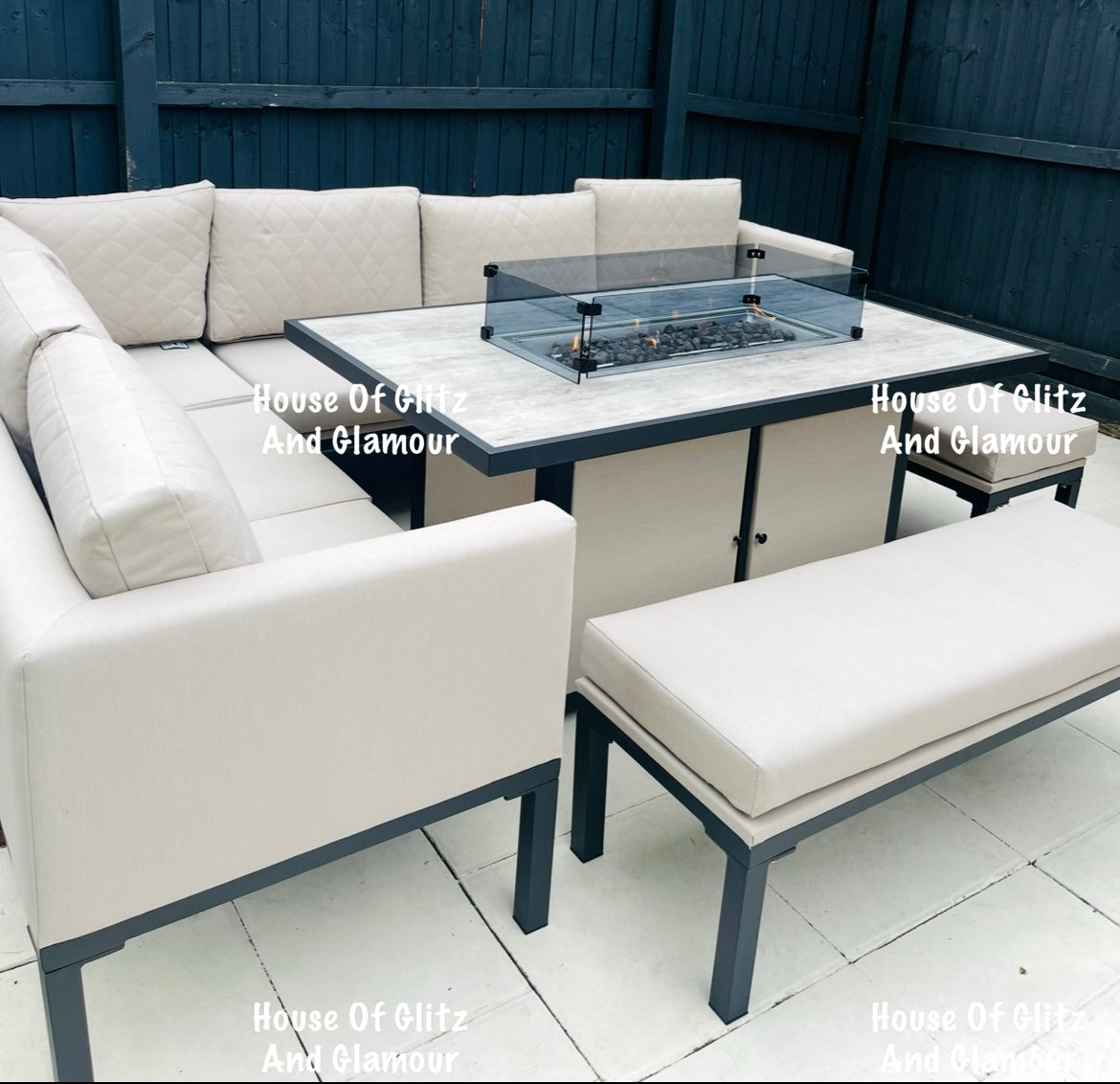 Vancouver Cream 10 Seater Aluminium L Shape Corner Sofa Dining Set with Fire Pit Table