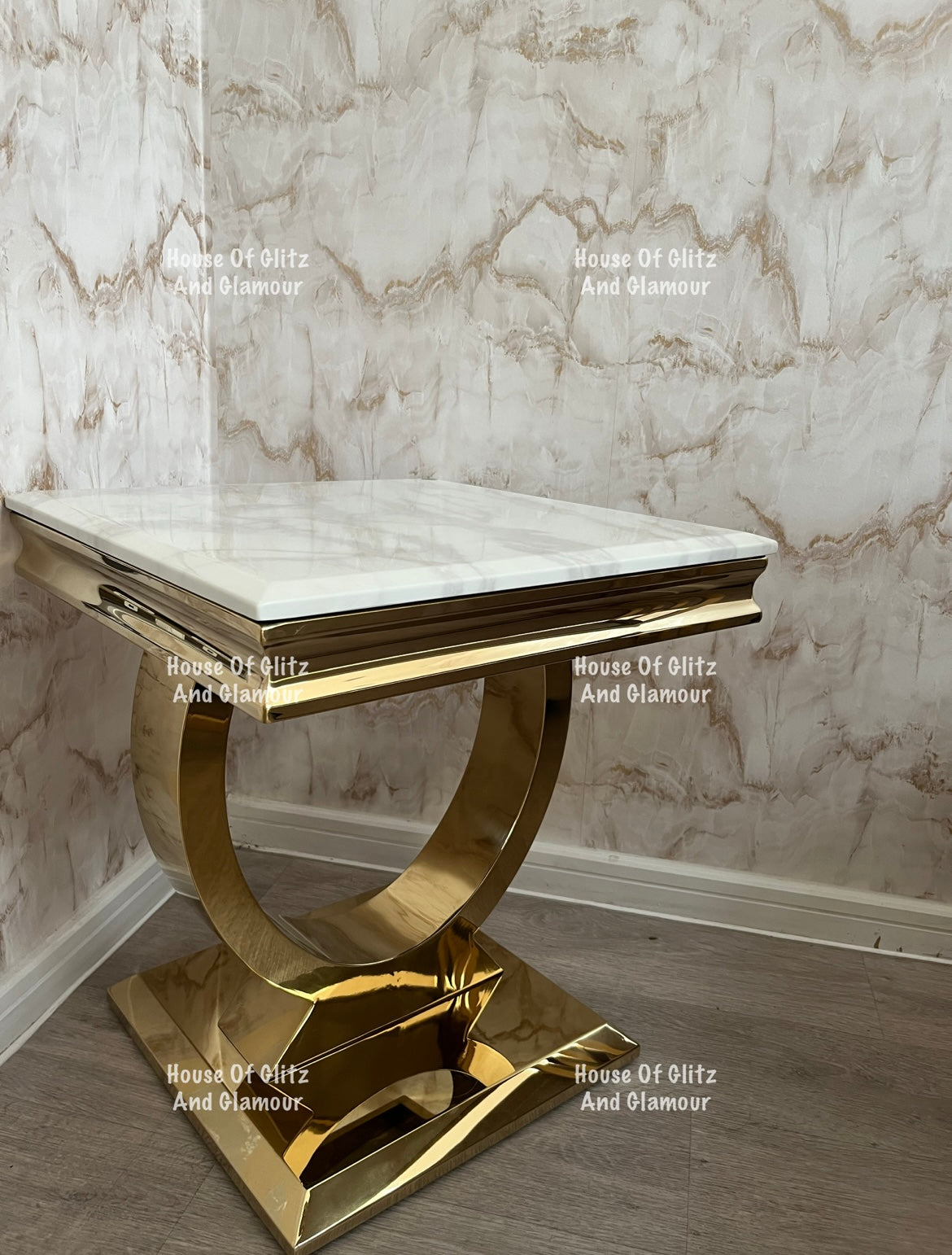 Arianna White Marble & Gold Circular Lamp / Side Table 50cm x 50cm