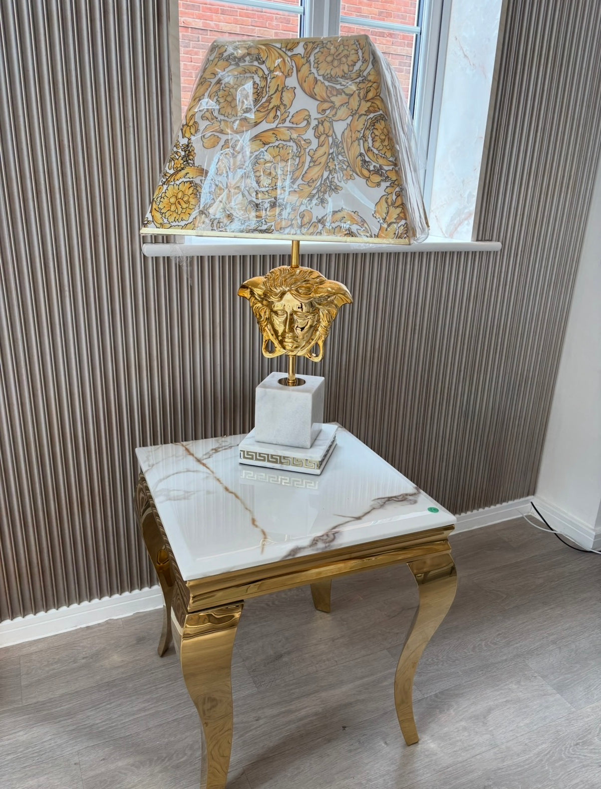 Louis Gold Lamp Table With Calcatta Gold Marble Patterned Top 50cm x 50cm