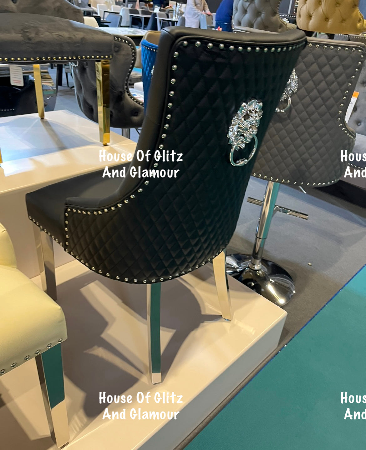 Chelsea Black PU Leather Lion knocker Back Chrome Legs Dining Chair