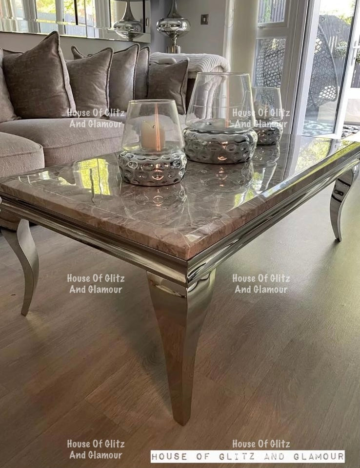 Louis Silver & Grey Marble & Stainless Steel Coffee Table 130cm x 70cm x 42cm