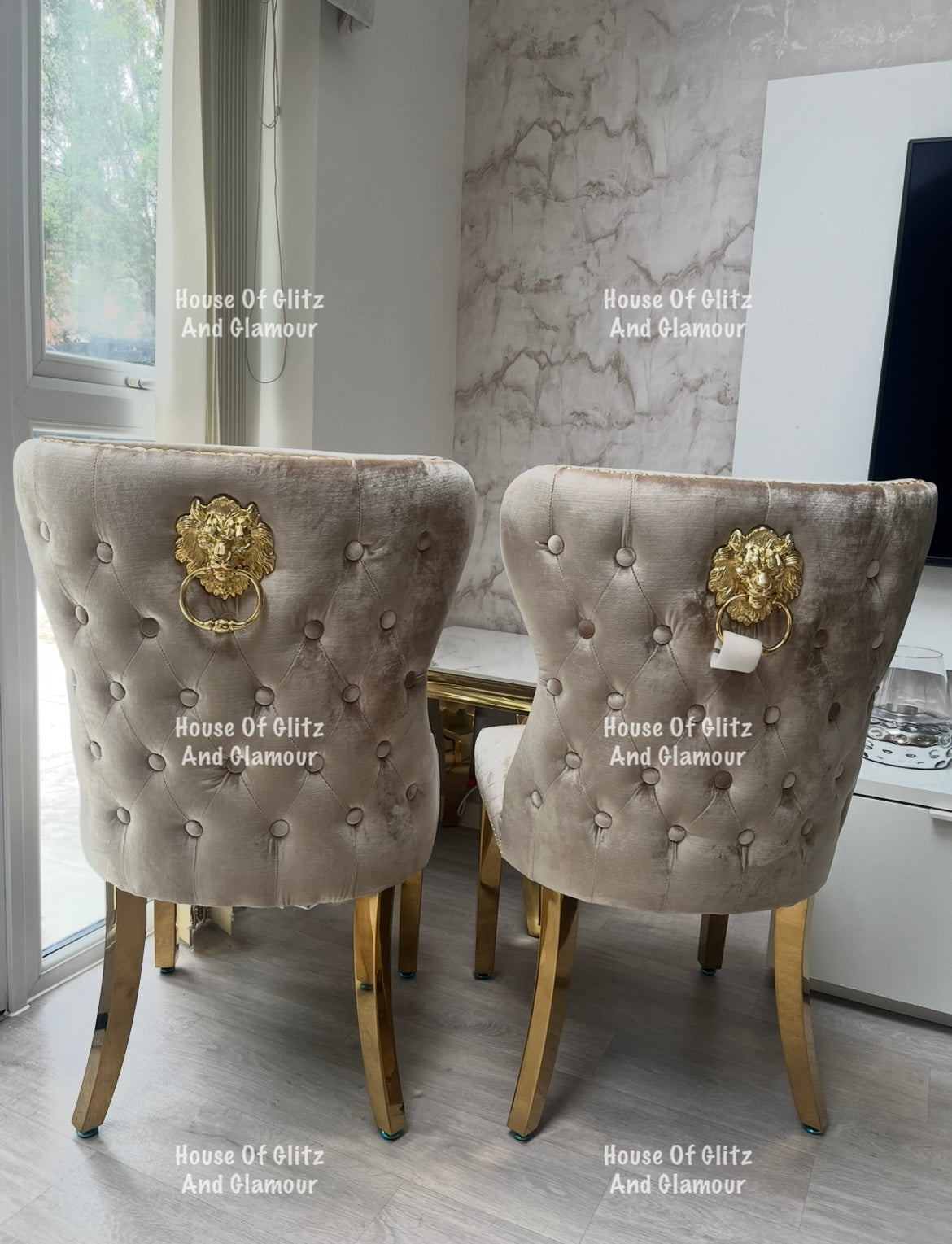 Valentina Mink Champagne Crushed Velvet & Gold Lion Knocker Winged Back Quilted Dining Chair
