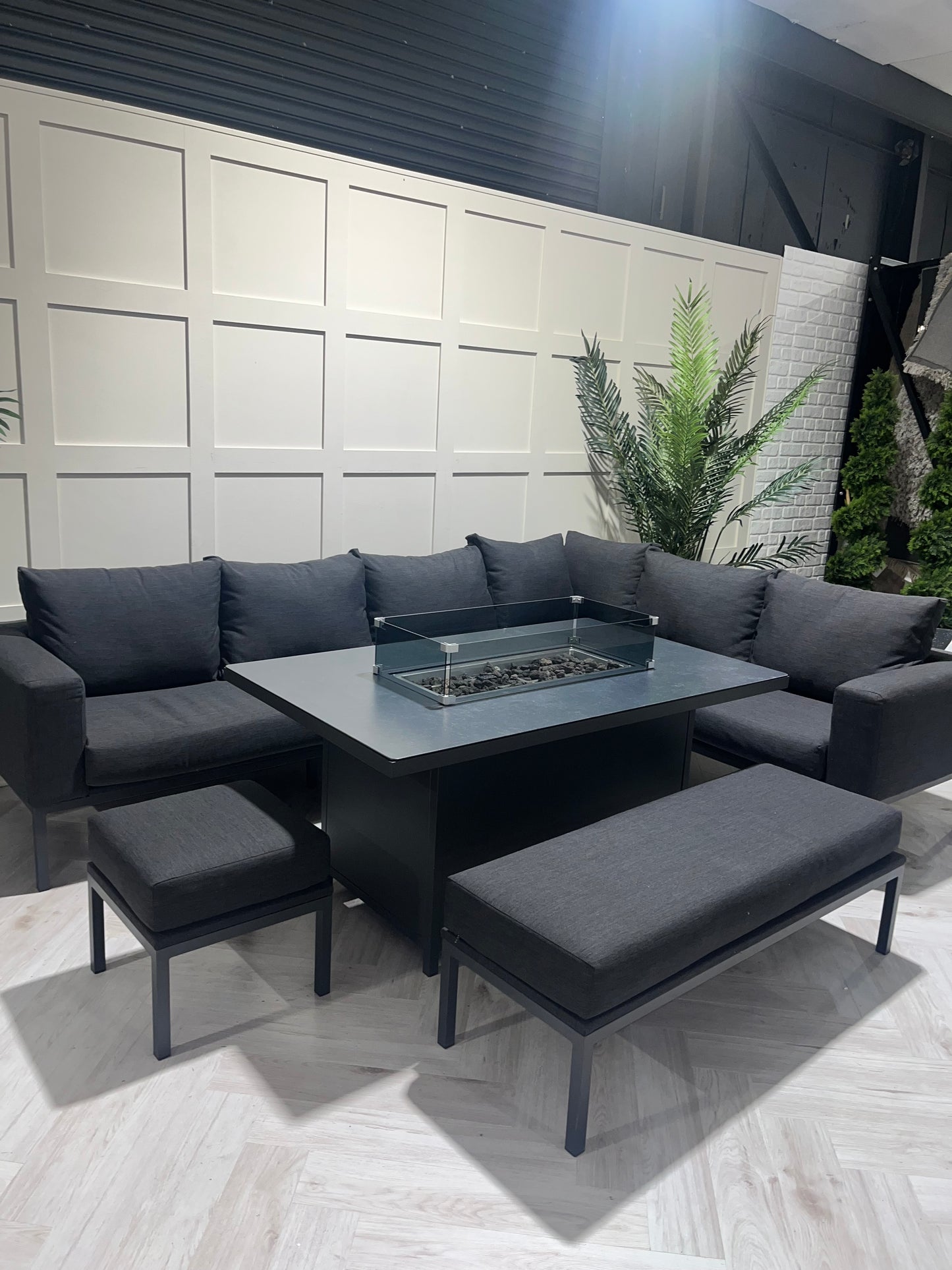 Vancouver Aluminium Firepit Garden Corner Sofa Dining Table Set