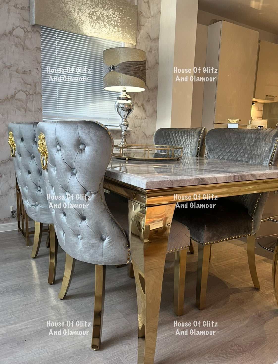Louis 1.5 Gold Dining Table Set With Grey Marble & Grey & Gold Valentina Velvet Studded Back Dining Chairs x 4