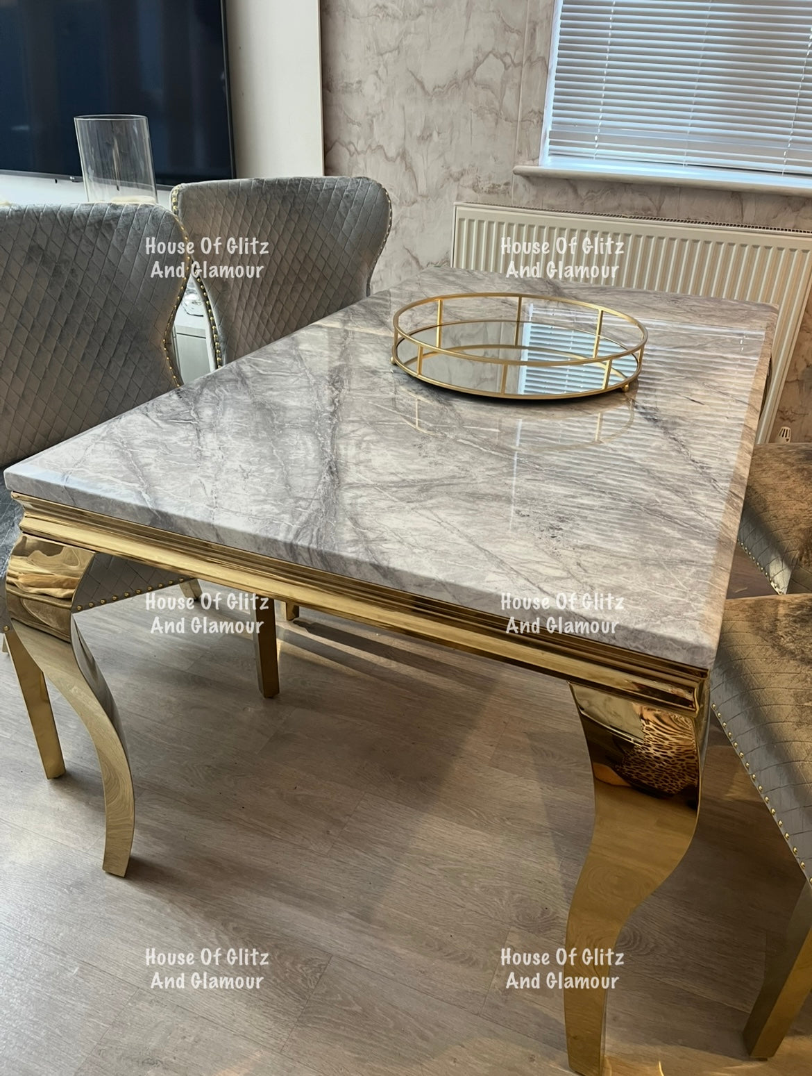 Louis 1.5 Gold Dining Table Set With Grey Marble & Grey & Gold Valentina Velvet Studded Back Dining Chairs x 4