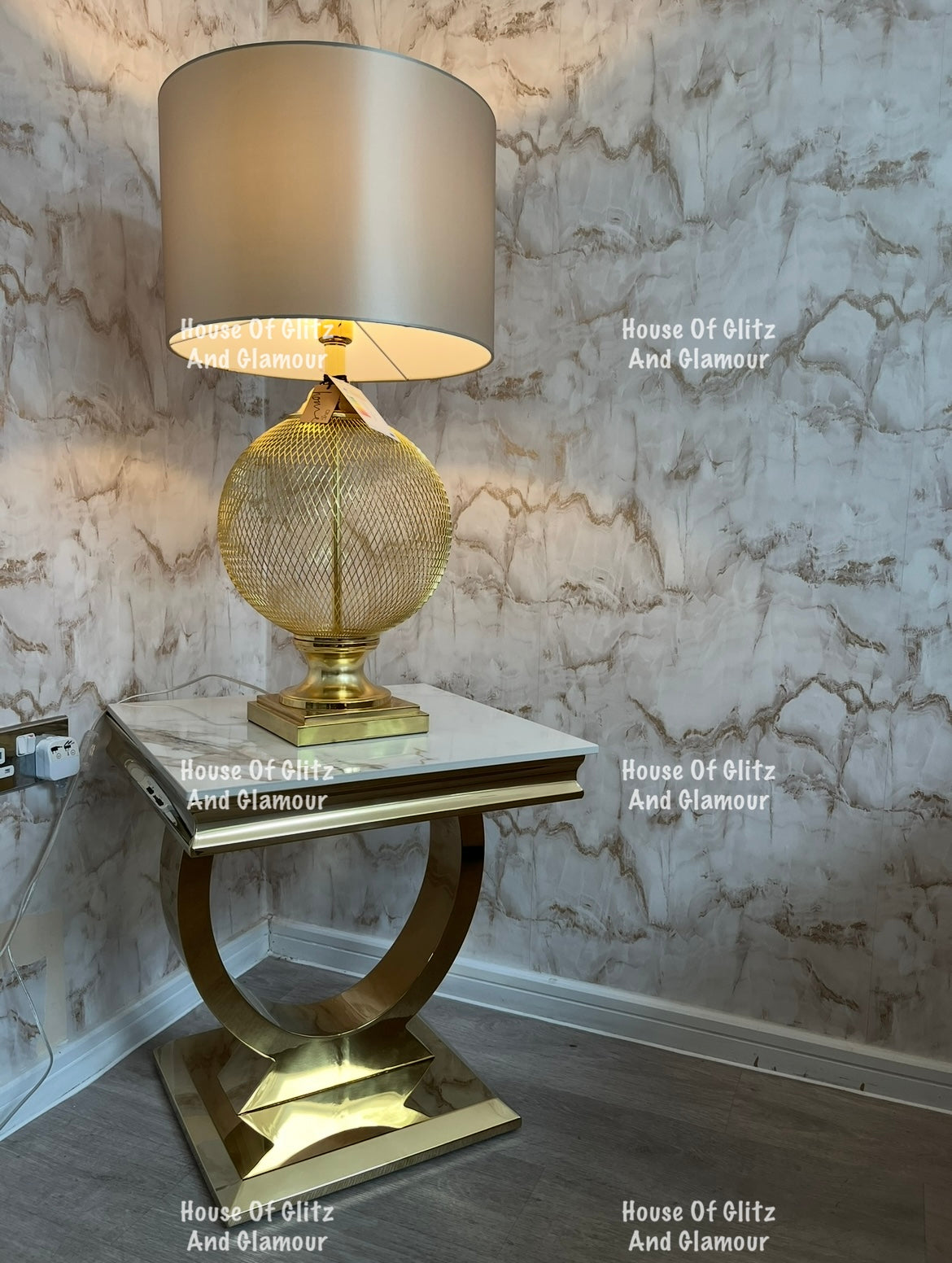 Arianna Kata Gold Marble Patterned Sintered Stone Top & Gold Circular Base Lamp / Side Table 50cm x 50cm