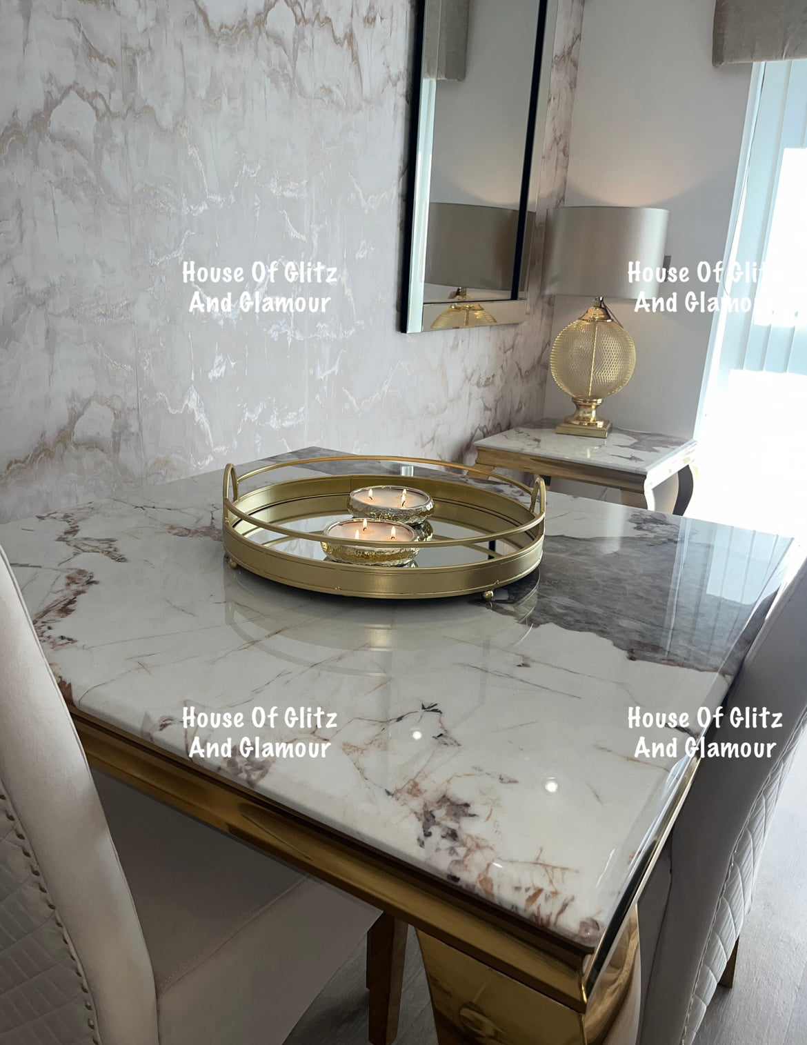 Louis Pandora Dining Table With Gold Legs And Marble Top