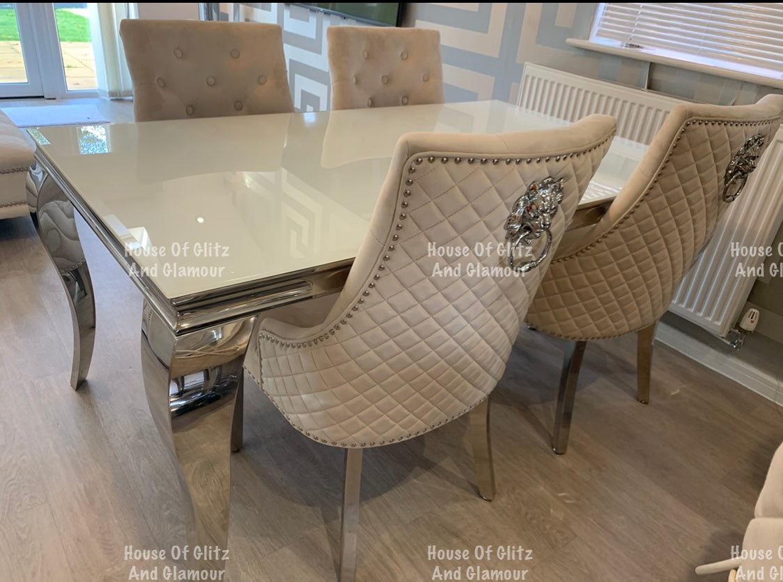 Chelsea Cream With Chrome Legs Quilted French Velvet Lion Head Knocker Back Dining Chair