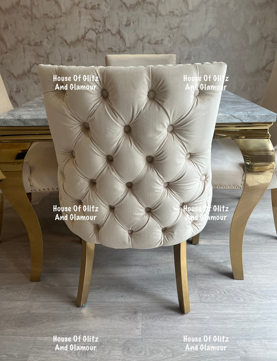 Louis 1m x 1m Grey Marble Dining Table + 4 Bentley Cream Velvet Studded Back Gold Leg Dining Chairs