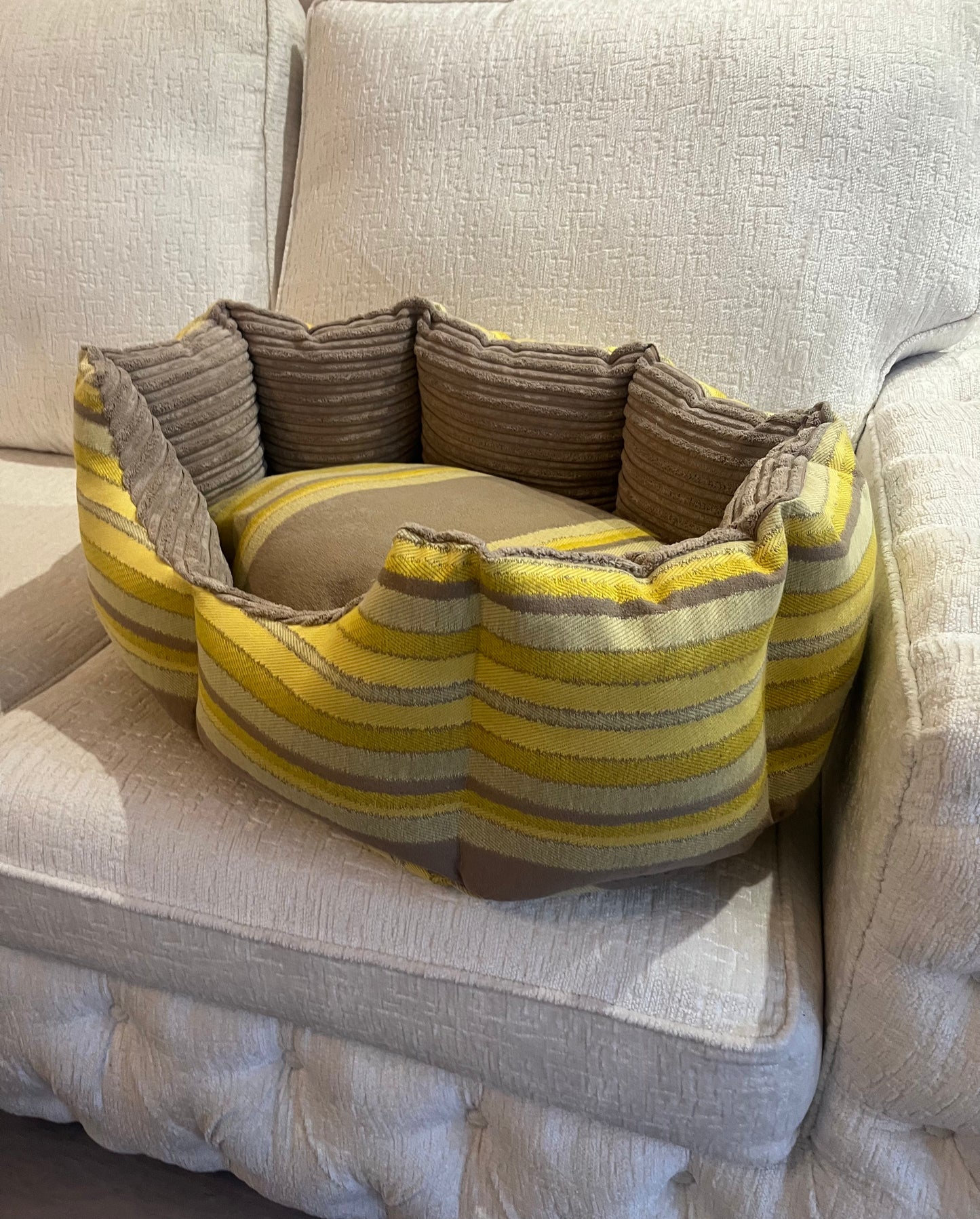 Beige And Yellow Striped Dog Bed