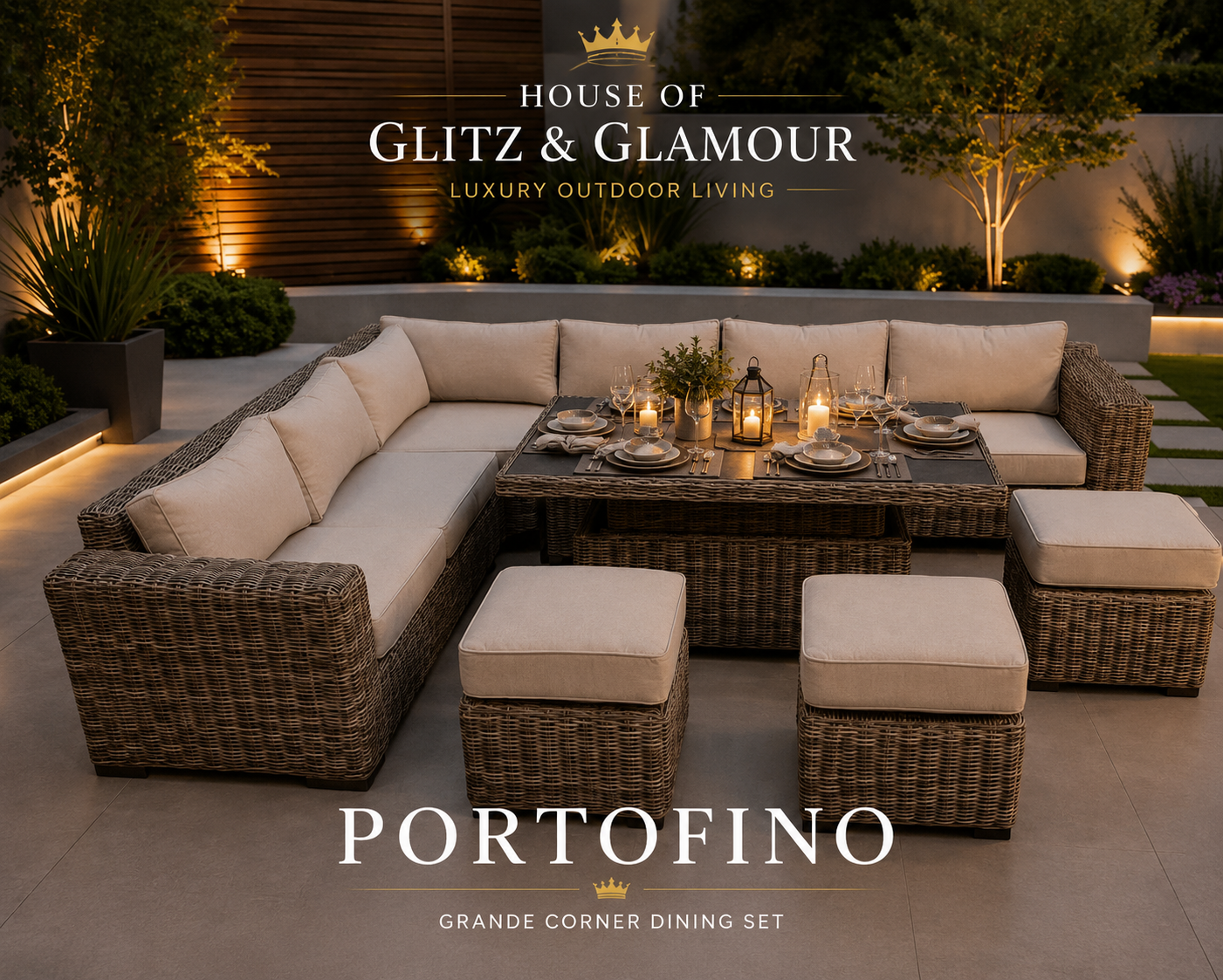 Portofino Grande Luxury Modular Corner Dining Set - Natural Weave & Cream Cushions