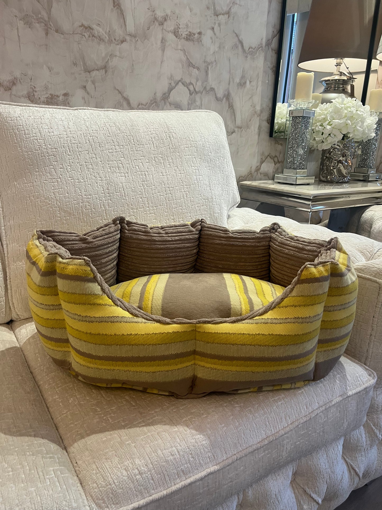 Beige And Yellow Striped Dog Bed