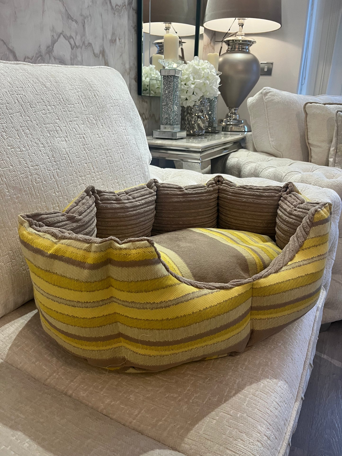 Beige And Yellow Striped Dog Bed
