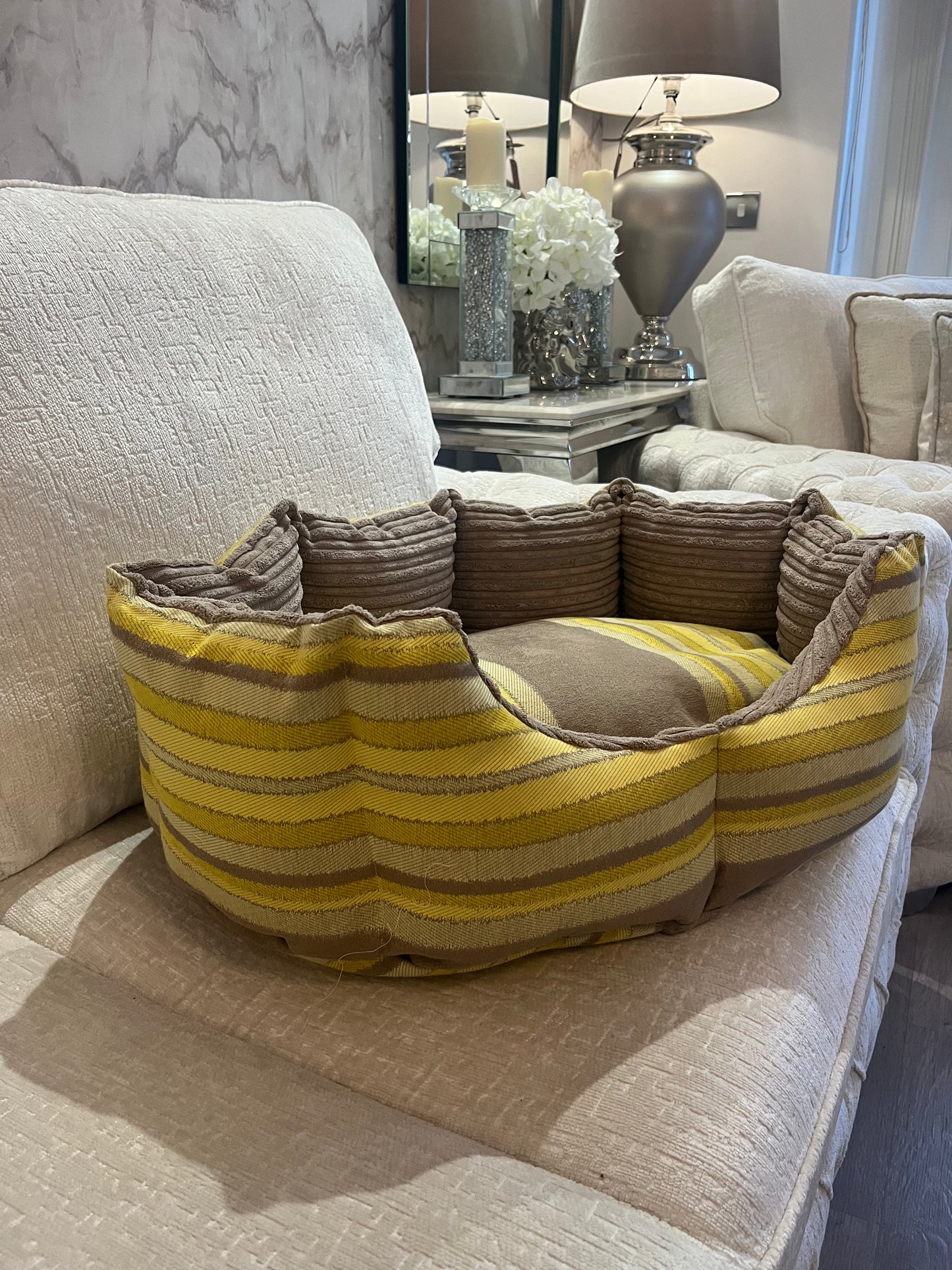 Beige And Yellow Striped Dog Bed