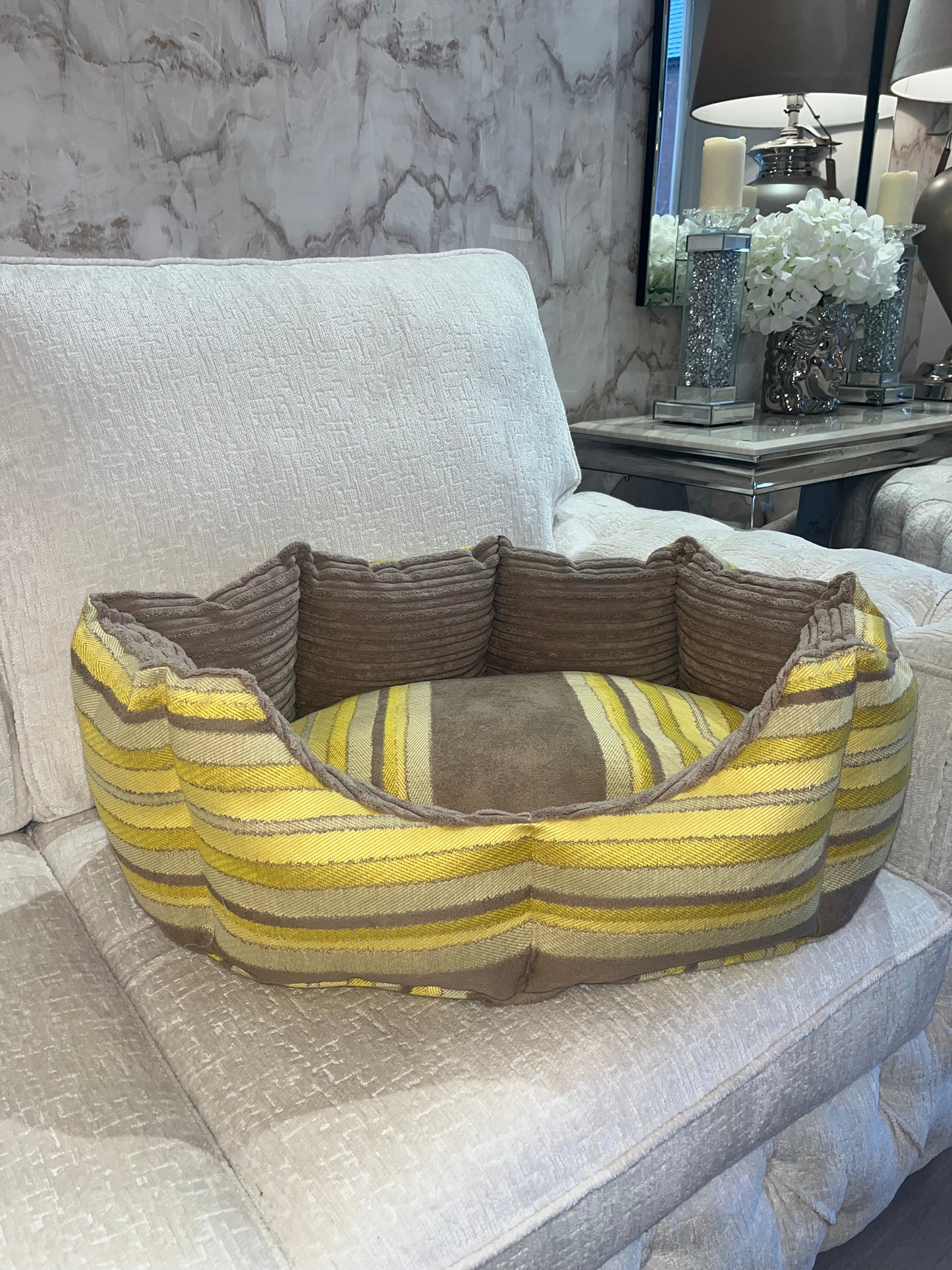 Beige And Yellow Striped Dog Bed