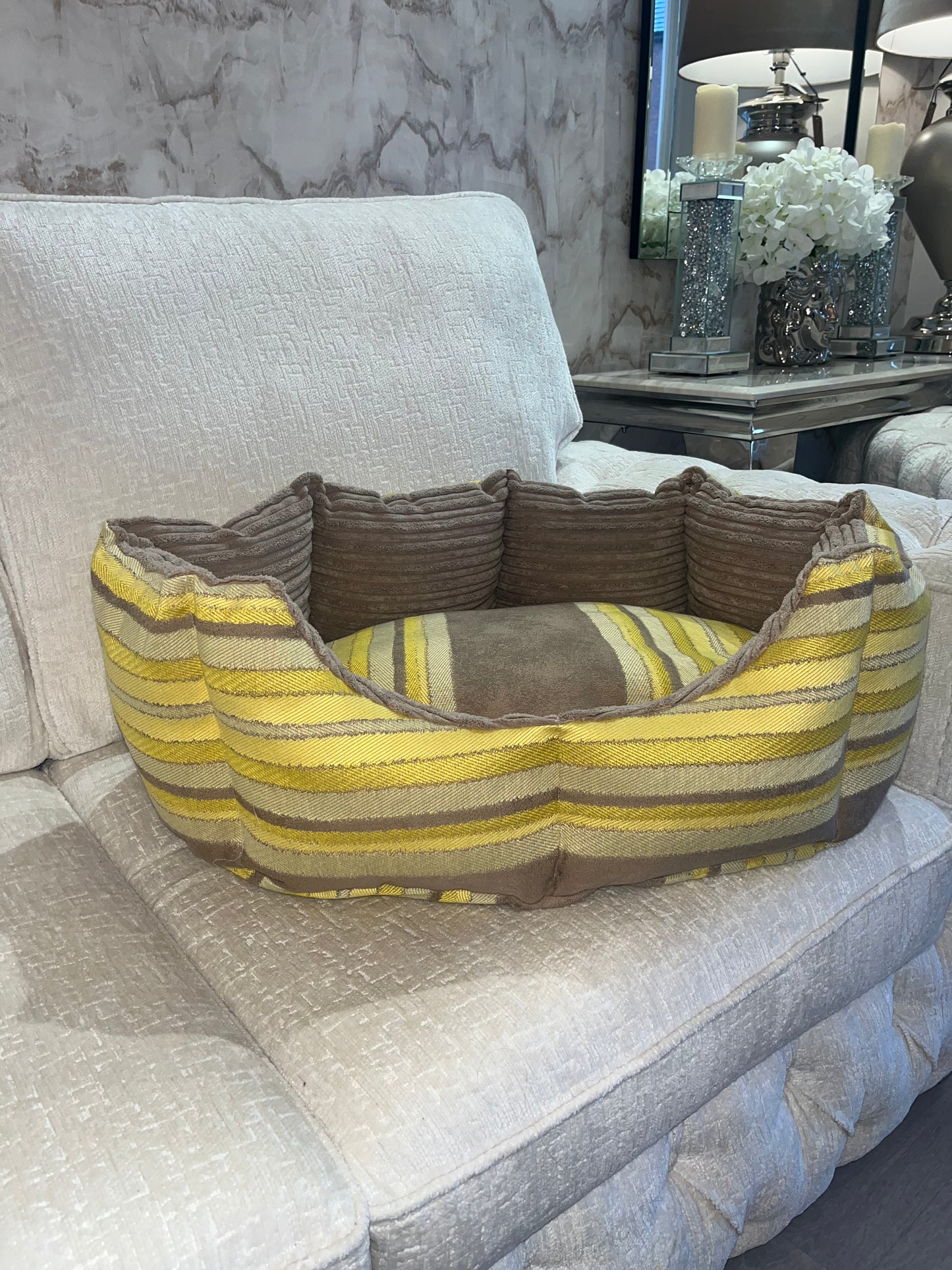 Beige And Yellow Striped Dog Bed