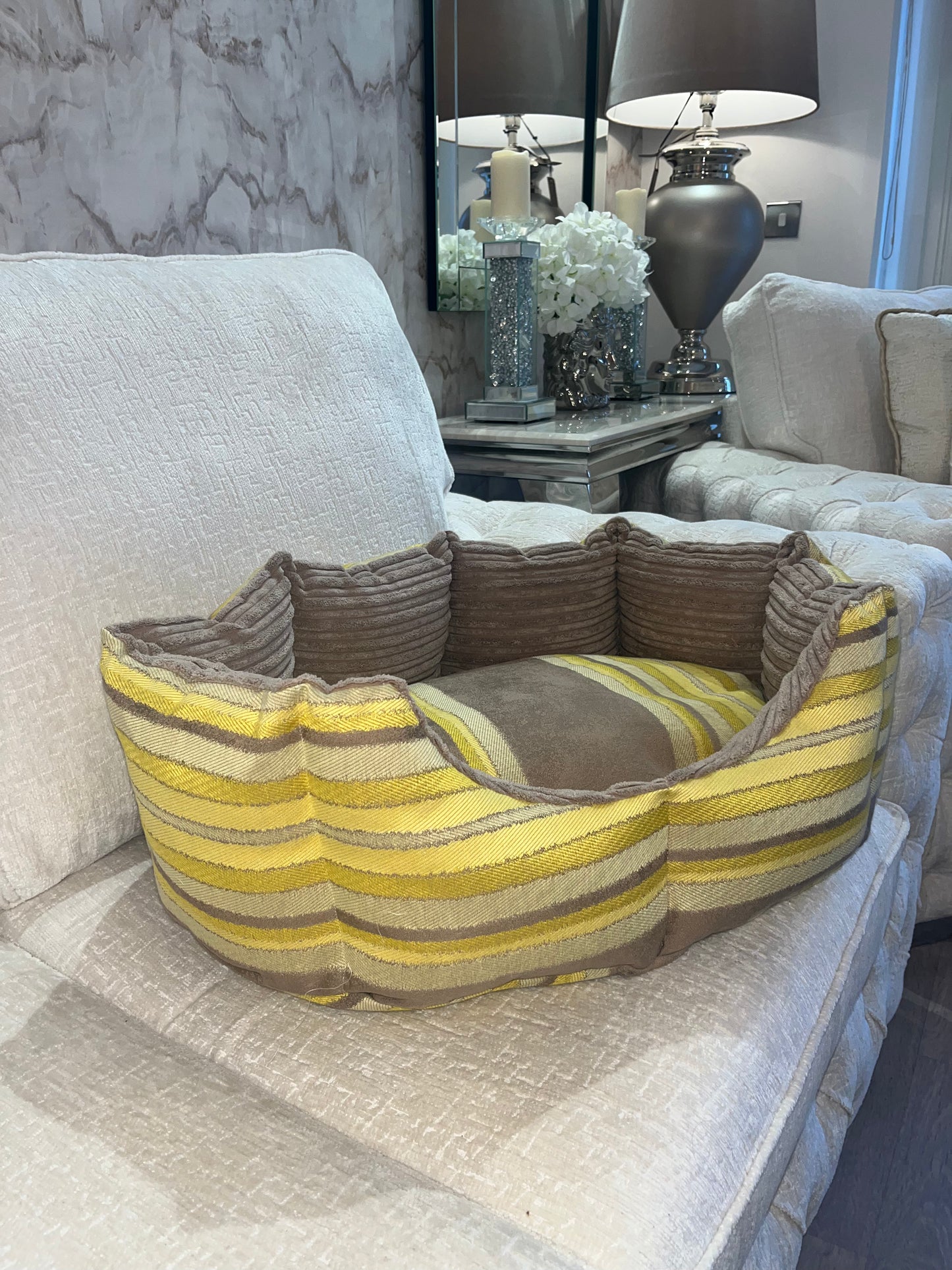 Beige And Yellow Striped Dog Bed