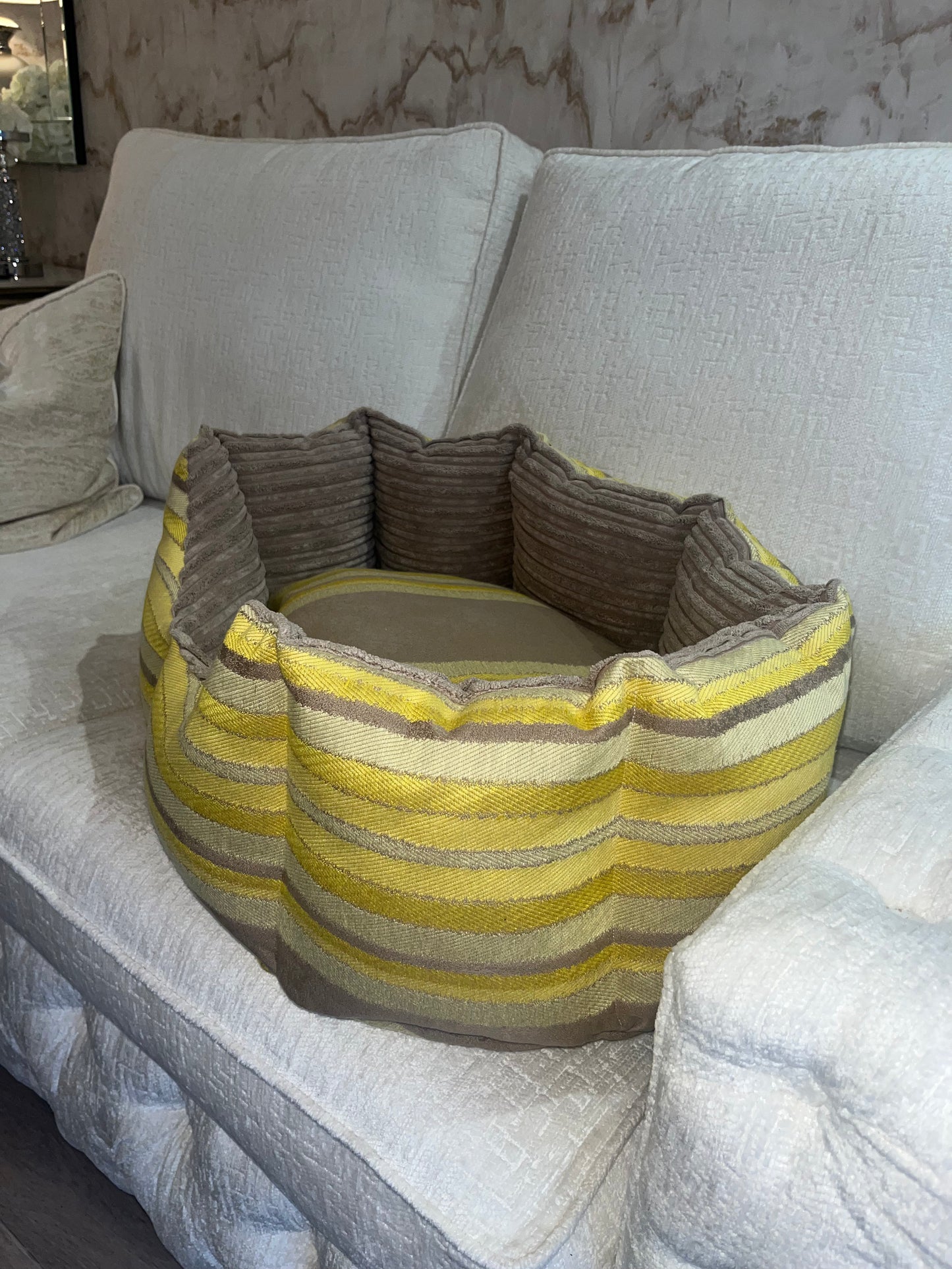 Beige And Yellow Striped Dog Bed