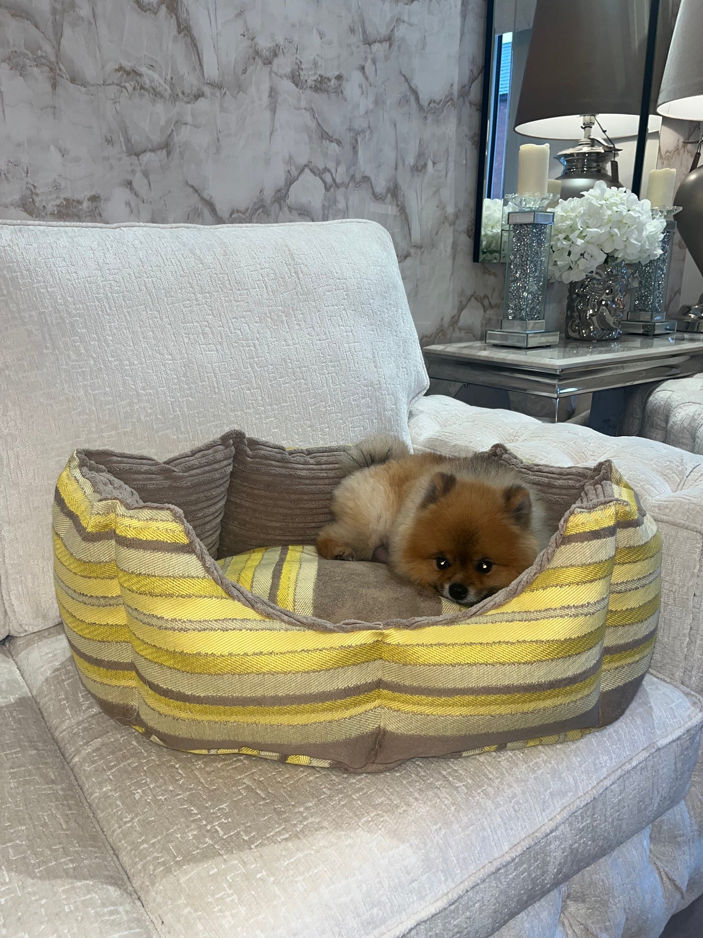 Beige And Yellow Striped Dog Bed
