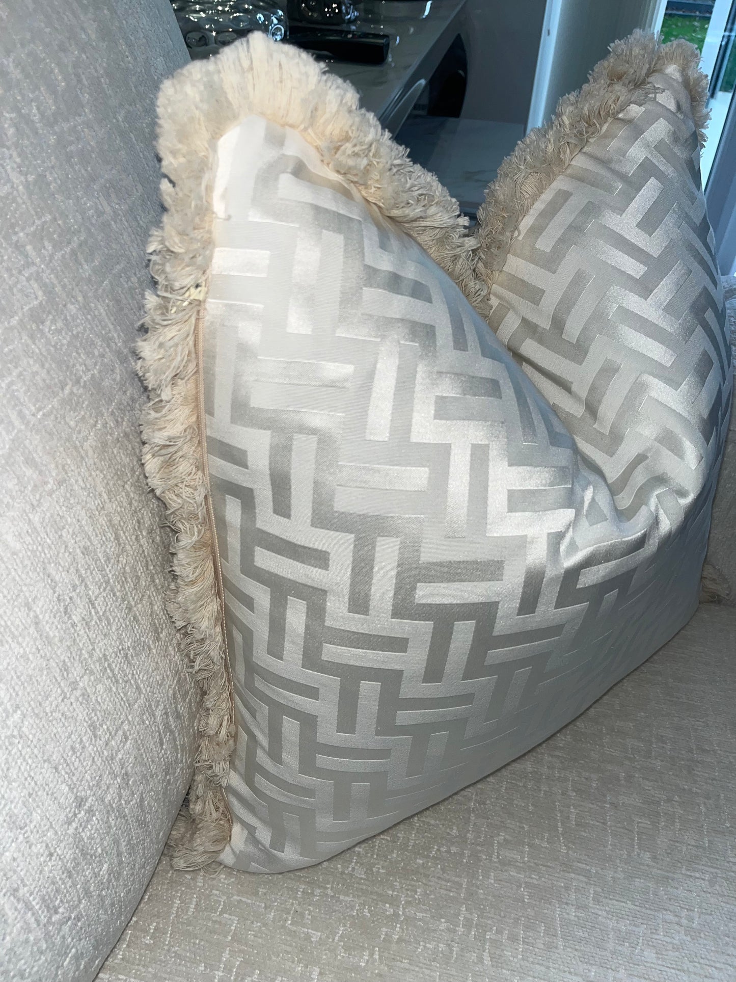 FF Cushion in Beige and White With Fringe Detail (Reversible)