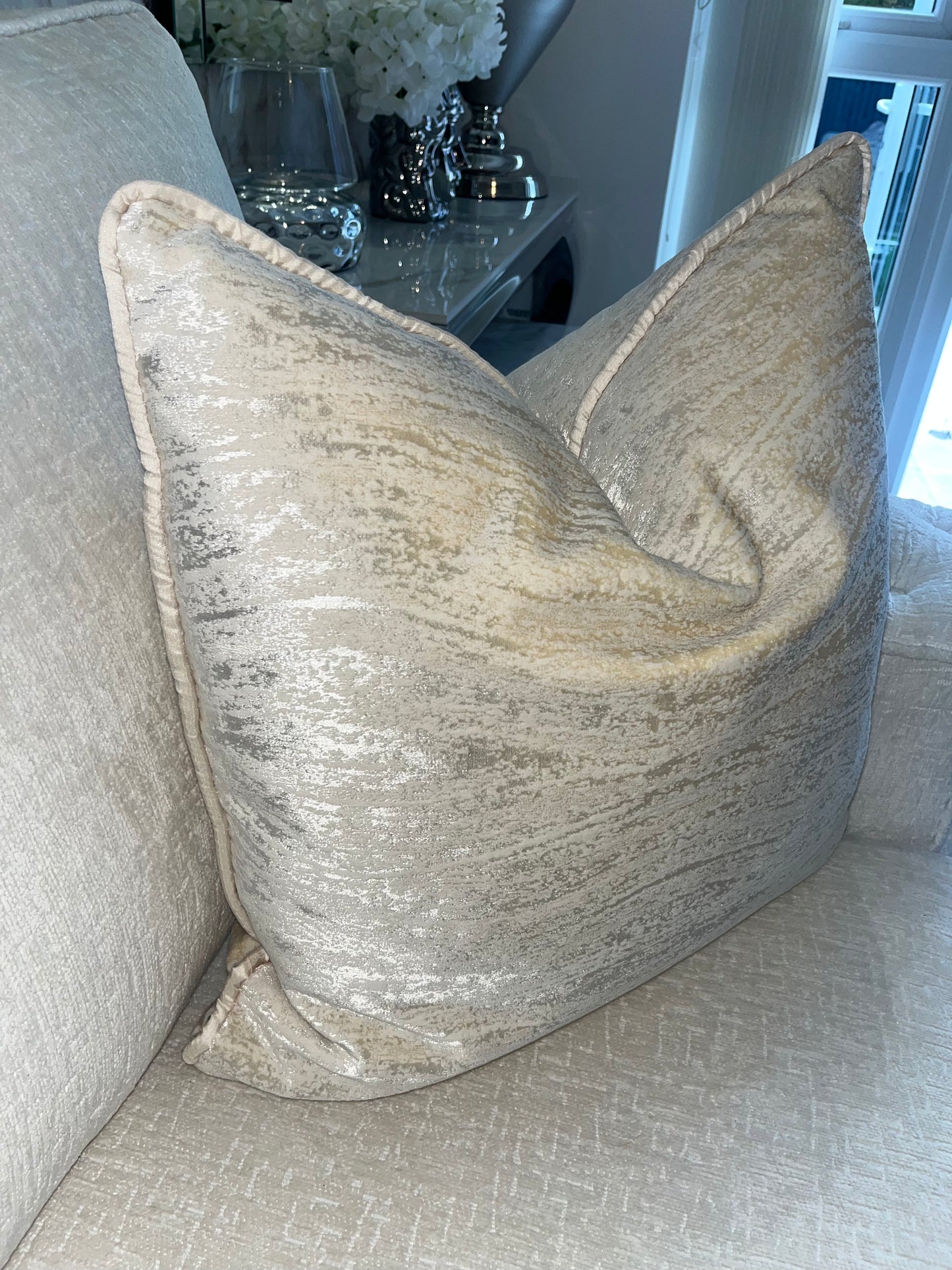 Cream Velvet & Champagne  Patterned Cushion