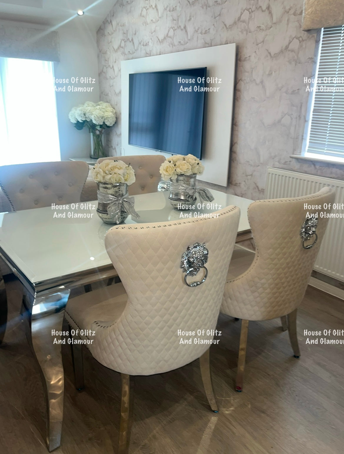 Louis Cream Marble 1.5 Dining Table With Chrome Legs + 4 Sofia Ivory Chairs