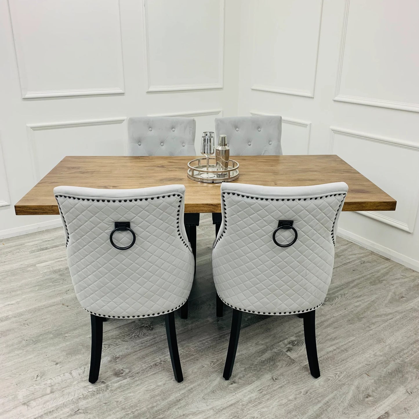 Chelsea Light Grey Velvet Dining Chair With Black Leg And Ring Knocker