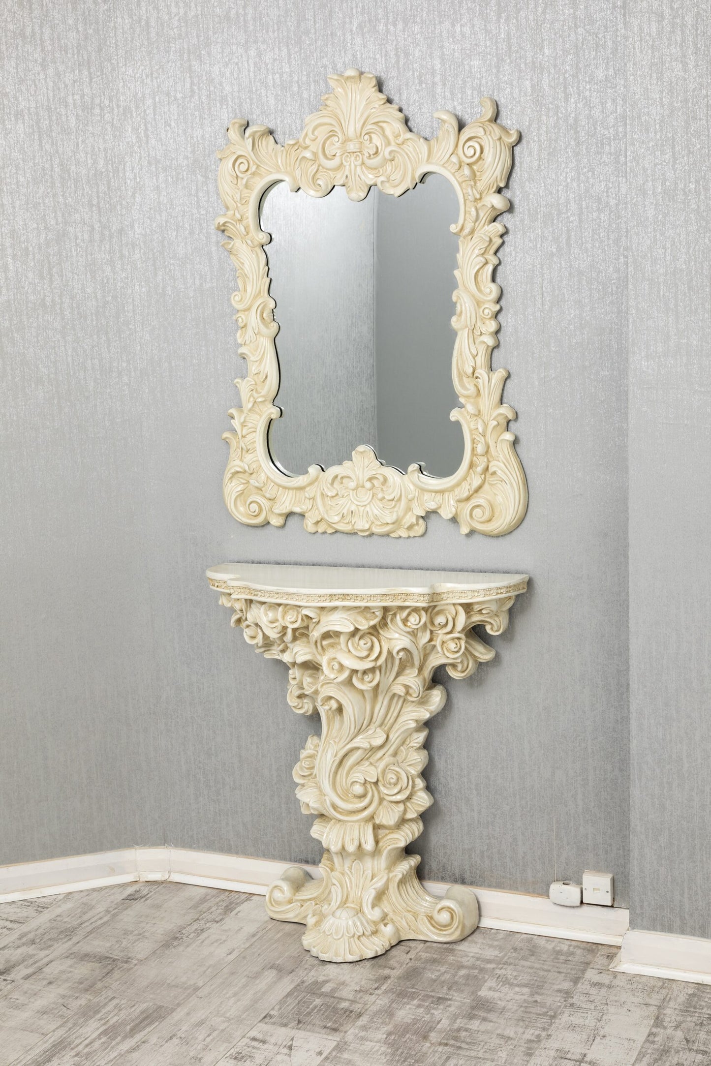 French Ornate Cream Console and Mirror Set