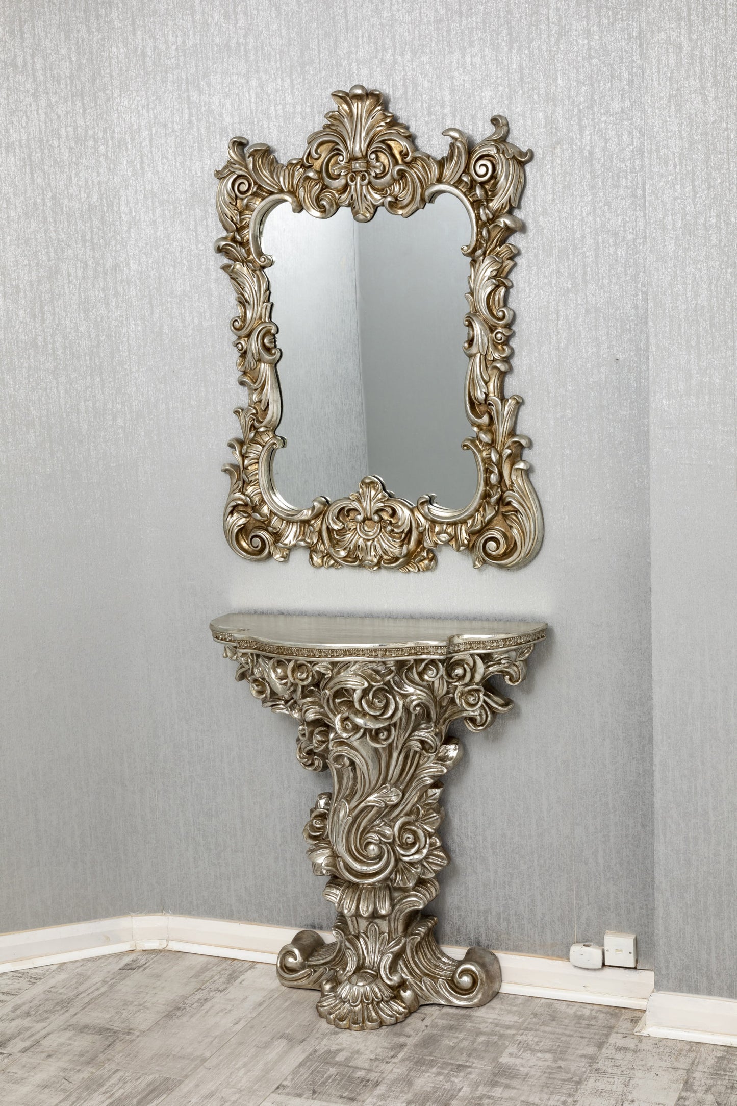French Ornate Silver Console and Mirror Set