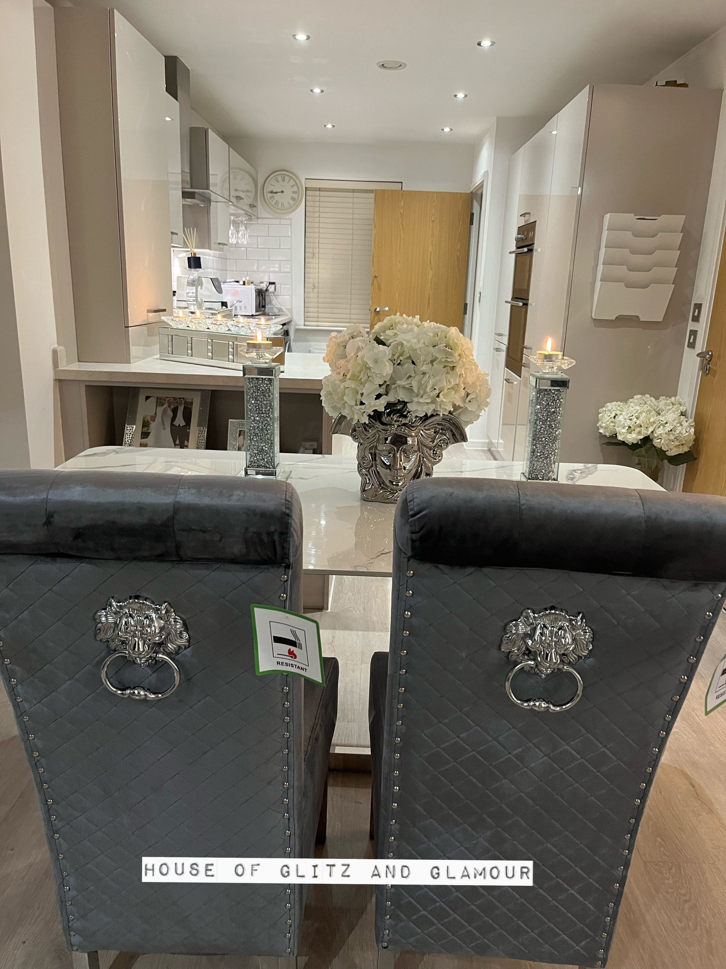 Lou Lou High Back Silver Shimmer Velvet Lion Knocker Back Dining Chair