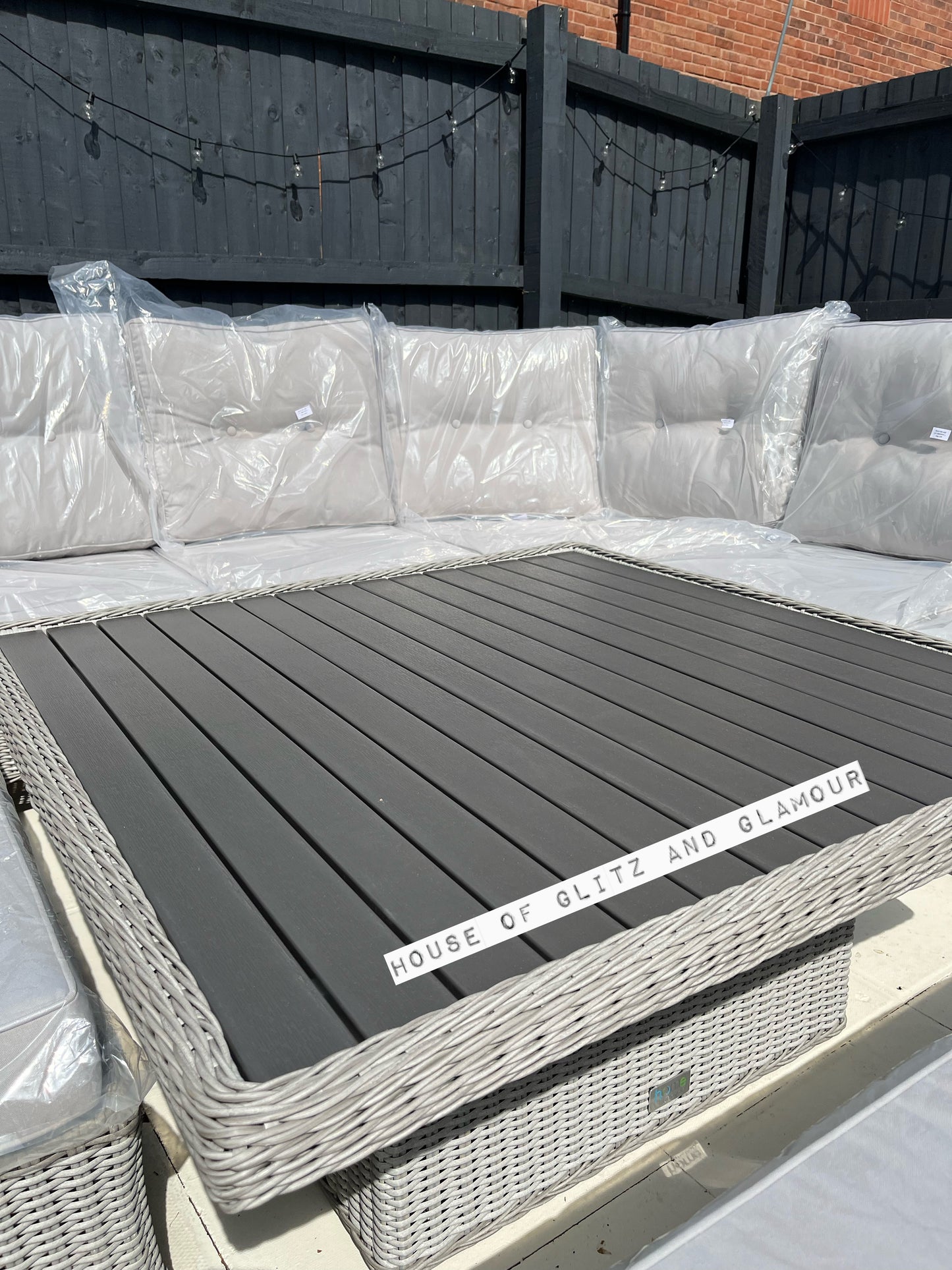 Kensington Grey Rattan Corner Sofa Garden Set With Rising Coffee To Dining Table