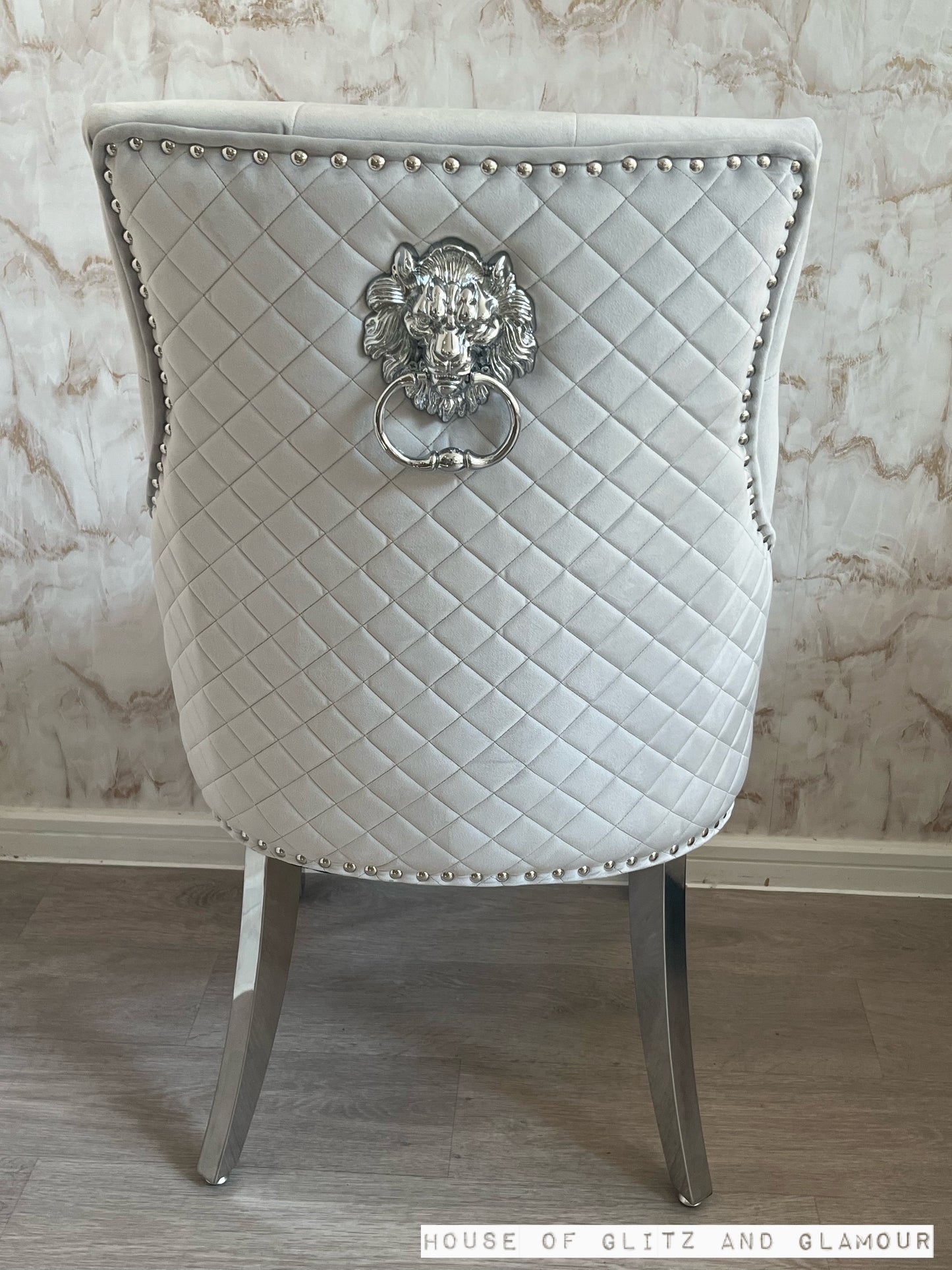 Chelsea Light Grey With Chrome Legs Quilted French Velvet Lion Head Knocker Back Dining Chair